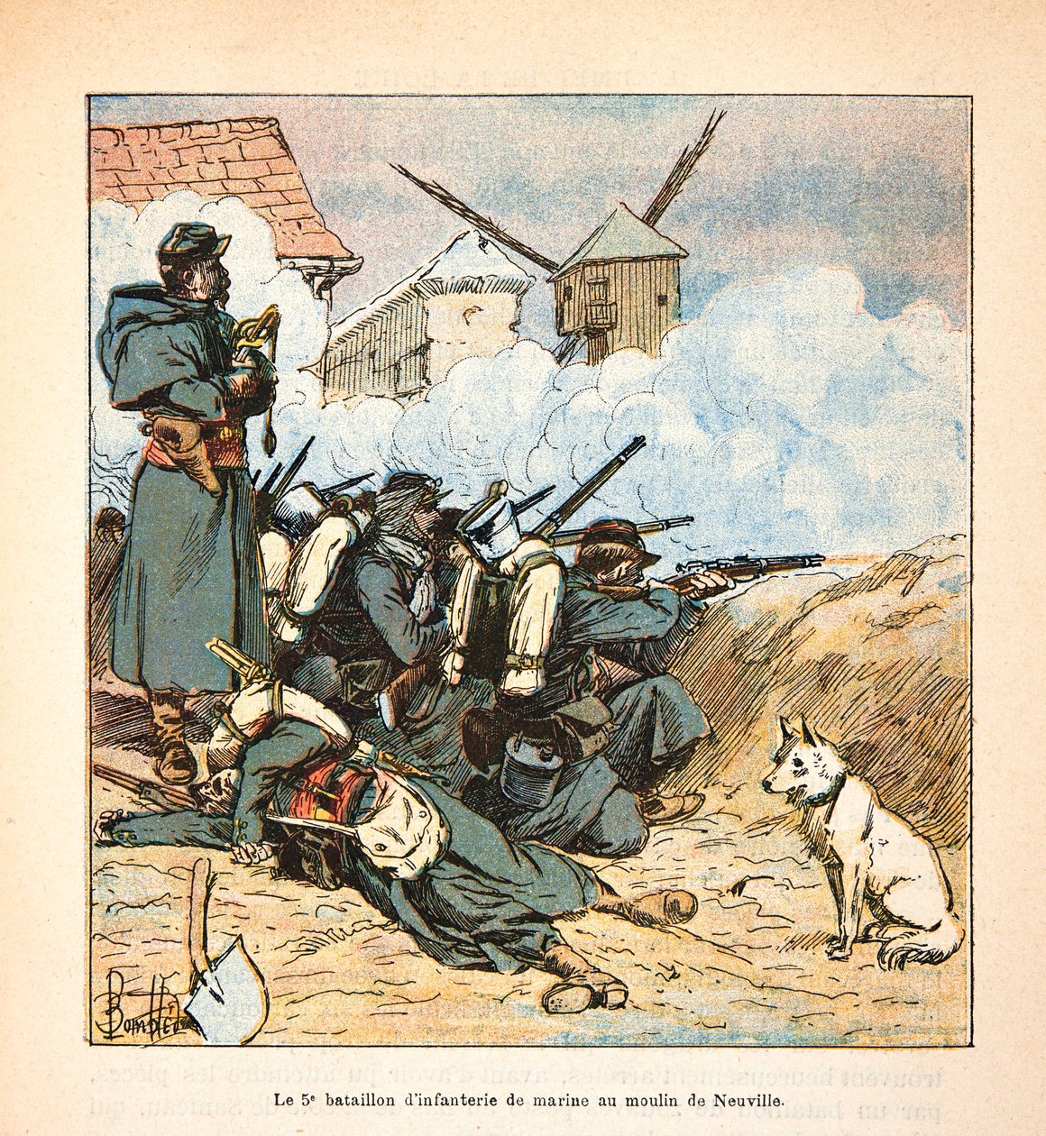 The Armee of the Loire av Eugene Sergent, kjent som Grenest, illustrert av Louis Bombled (1862-1927) (fransk-tyske krig; kampanje 1870 -1871): Den 5. marineinfanteribataljonen ved møllen til Neuville aux bois i desember 1870, Privat samling av Louis Charles Bombled
