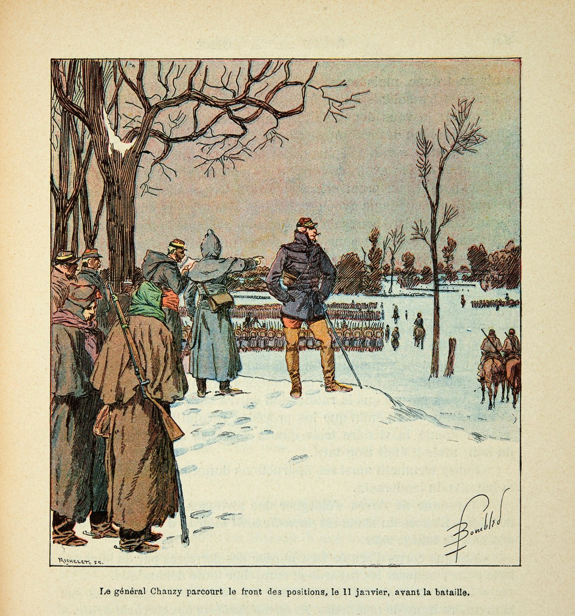 The Armee of the Loire av Eugene Sergent, kjent som Grenest, illustrert av Louis Bombled (1862-1927) (fransk-tyske krig; kampanje 1870 -1871): General Chanzy reiser foran stillinger 11. januar før slaget, menig Samling av Louis Charles Bombled