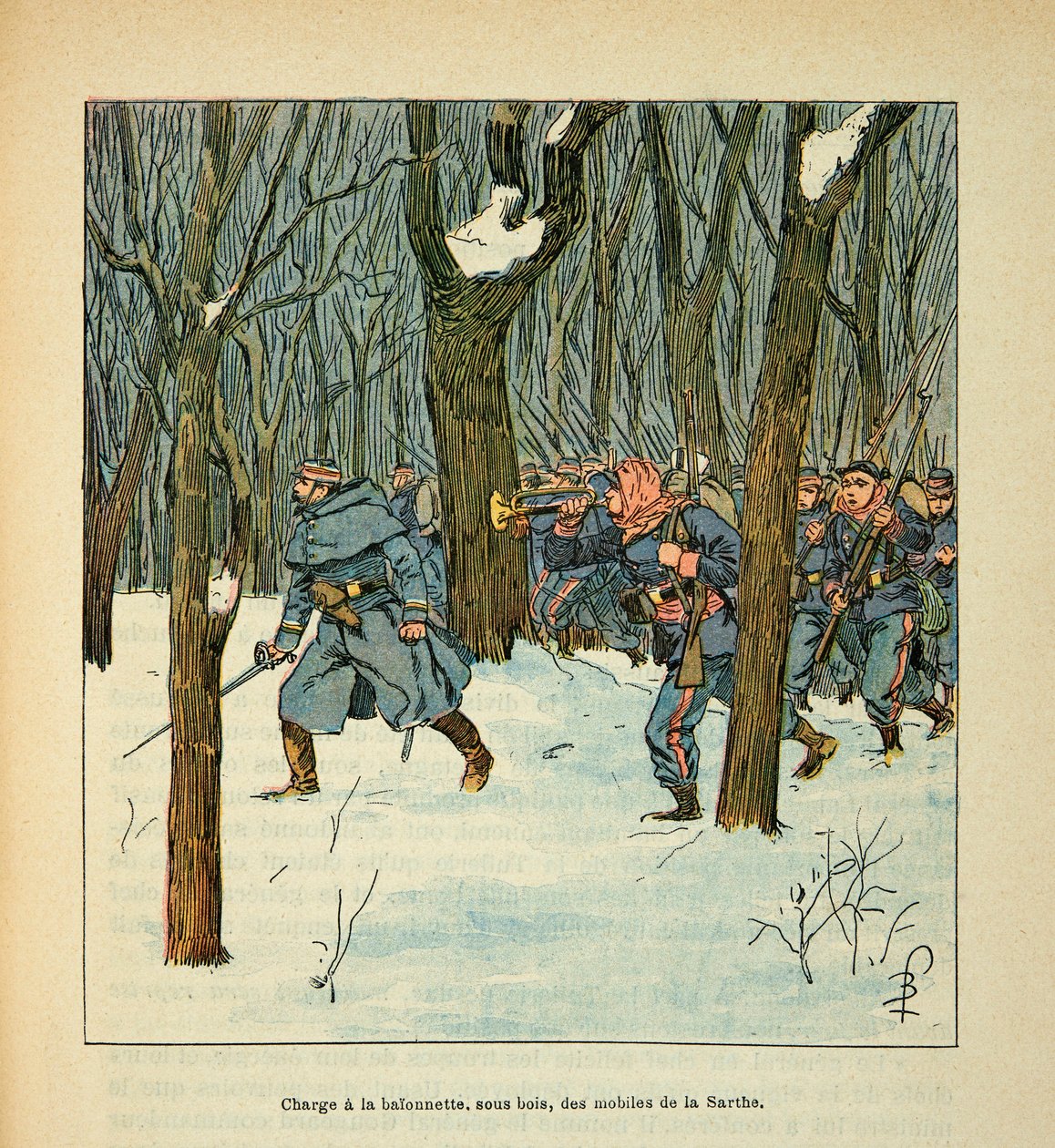 The Armee of the Loire av Eugene Sergent, kjent som Grenest, illustrert av Louis Bombled (1862-1927) (fransk-tyske krig; kampanje 1870 -1871): Slaget ved Le Mans i januar 1871, lastet mobiltelefonene til Sarthe , Privat samling av Louis Charles Bombled