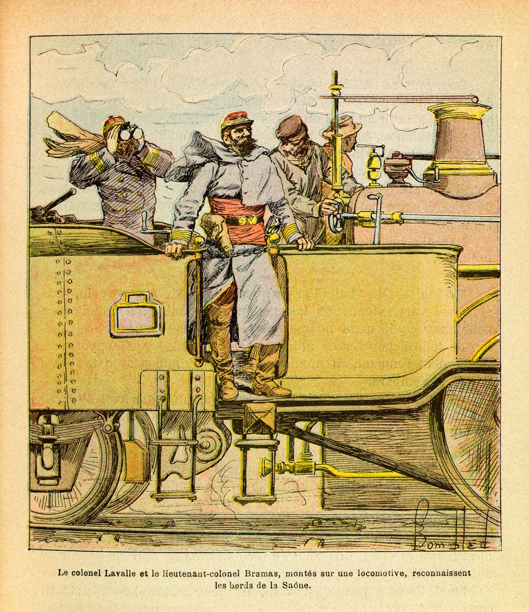 The Eastern Armee of Eugene Sergeant, dit Grenest, illustrert av Louis Bombled (1862-1927) (fransk-tyske krig; kampanje 1870-1871): I desember 1870 anerkjente oberst Lavalle og oberstløytnant Bramas montert på et lokomotiv bredden av Saone av Louis Charles Bombled