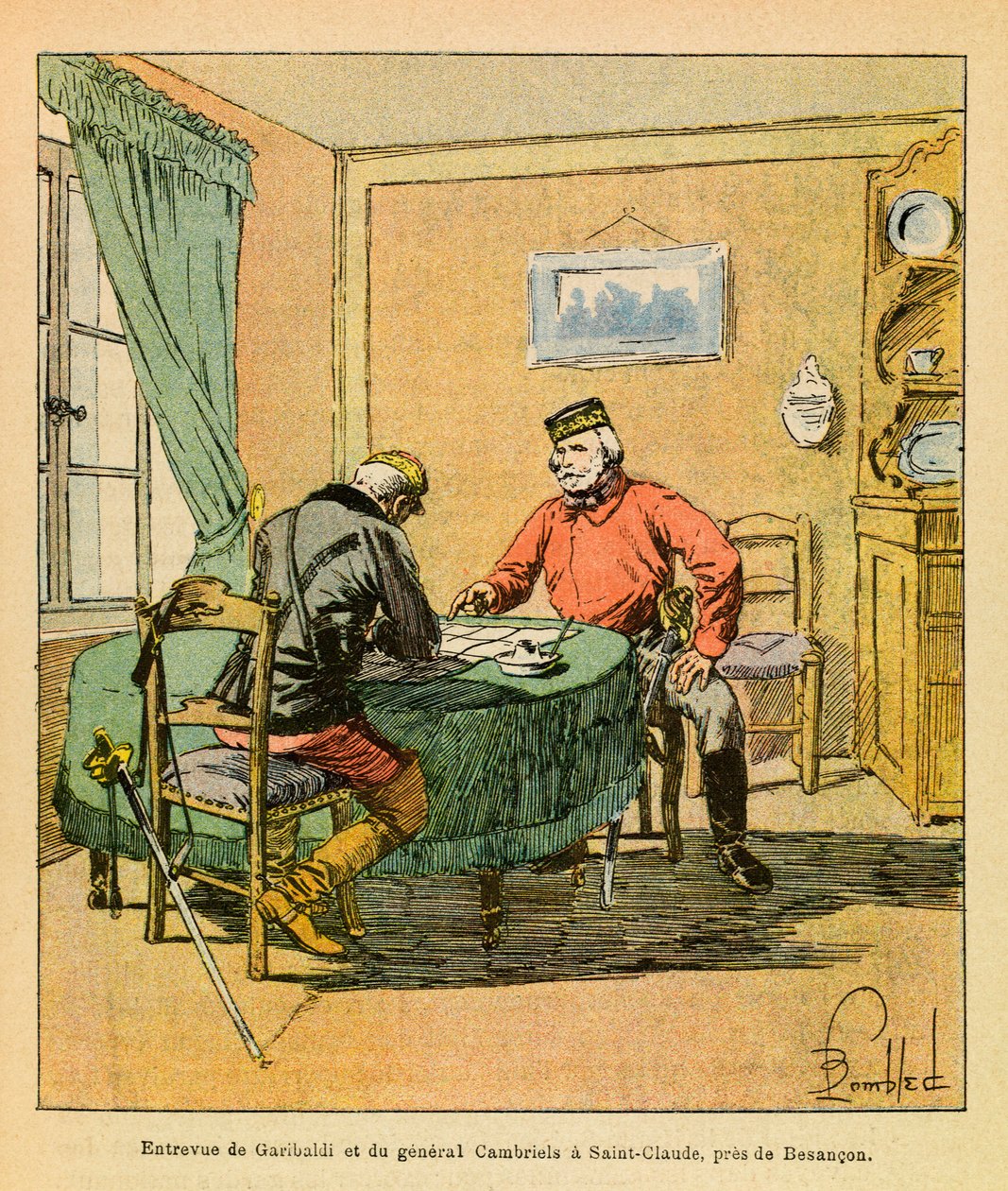 The Eastern Armee of Eugene Sergeant, dit Grenest, illustrert av Louis Bombled (1862-1927) (fransk-tyske krig; kampanje 1870-1871): Intervju av Garibaldi og general Cambriels ved Saint Claude nær Besancon i oktober 1870, privat samling av Louis Charles Bombled