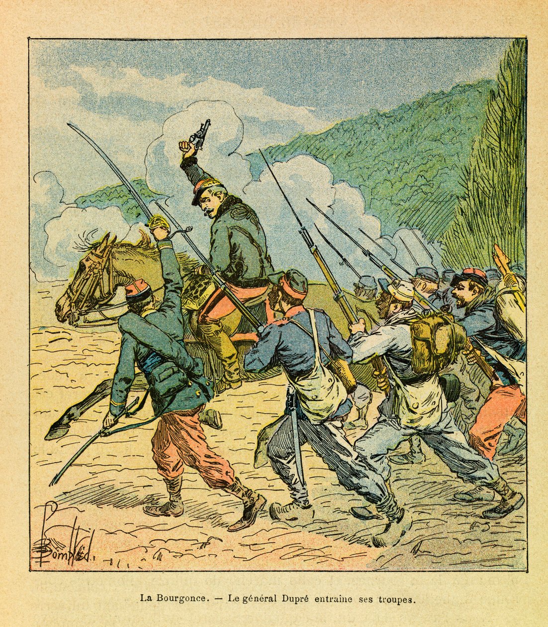 The Eastern Armee of Eugene Sergeant, dit Grenest, illustrert av Louis Bombled (1862-1927) (fransk-tyske krig; kampanje 1870-1871): General Dupre har sjefen for sine menn i slaget ved La Bourgonce i oktober 1870, Privat samling av Louis Charles Bombled