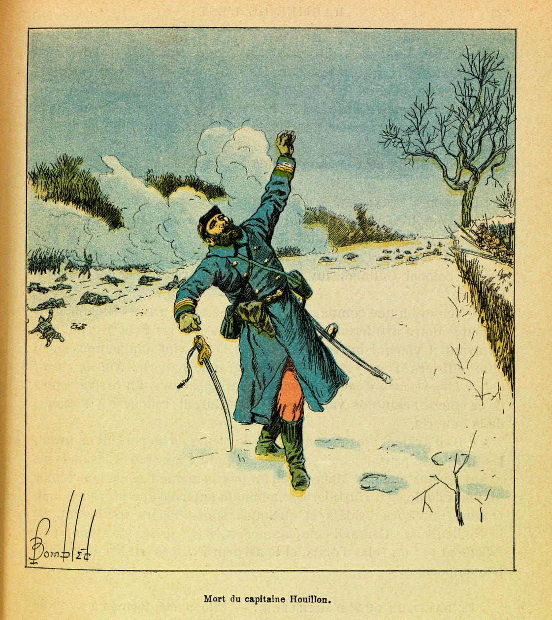 The Eastern Armee of Eugene Sergeant, dit Grenest, illustrert av Louis Bombled (1862-1927) (fransk-tyske krig; kampanje 1870 -1871): januar 1871, Hericourt, død av kaptein Houillon, privat samling av Louis Charles Bombled