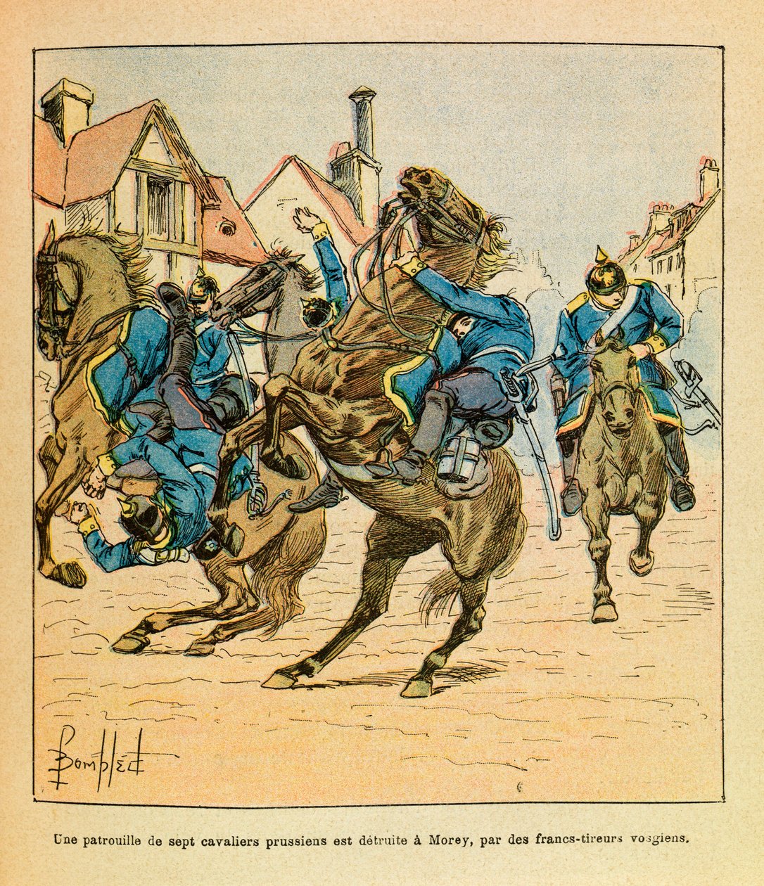 The Eastern Armee of Eugene Sergeant, dit Grenest, illustrert av Louis Bombled (1862-1927) (fransk-tyske krig; kampanje 1870-1871): I desember 1870 ble en patrulje på syv prøyssiske ryttere ødelagt i Morey av vosgianske snikskyttere, Spesiell samling av Louis Charles Bombled