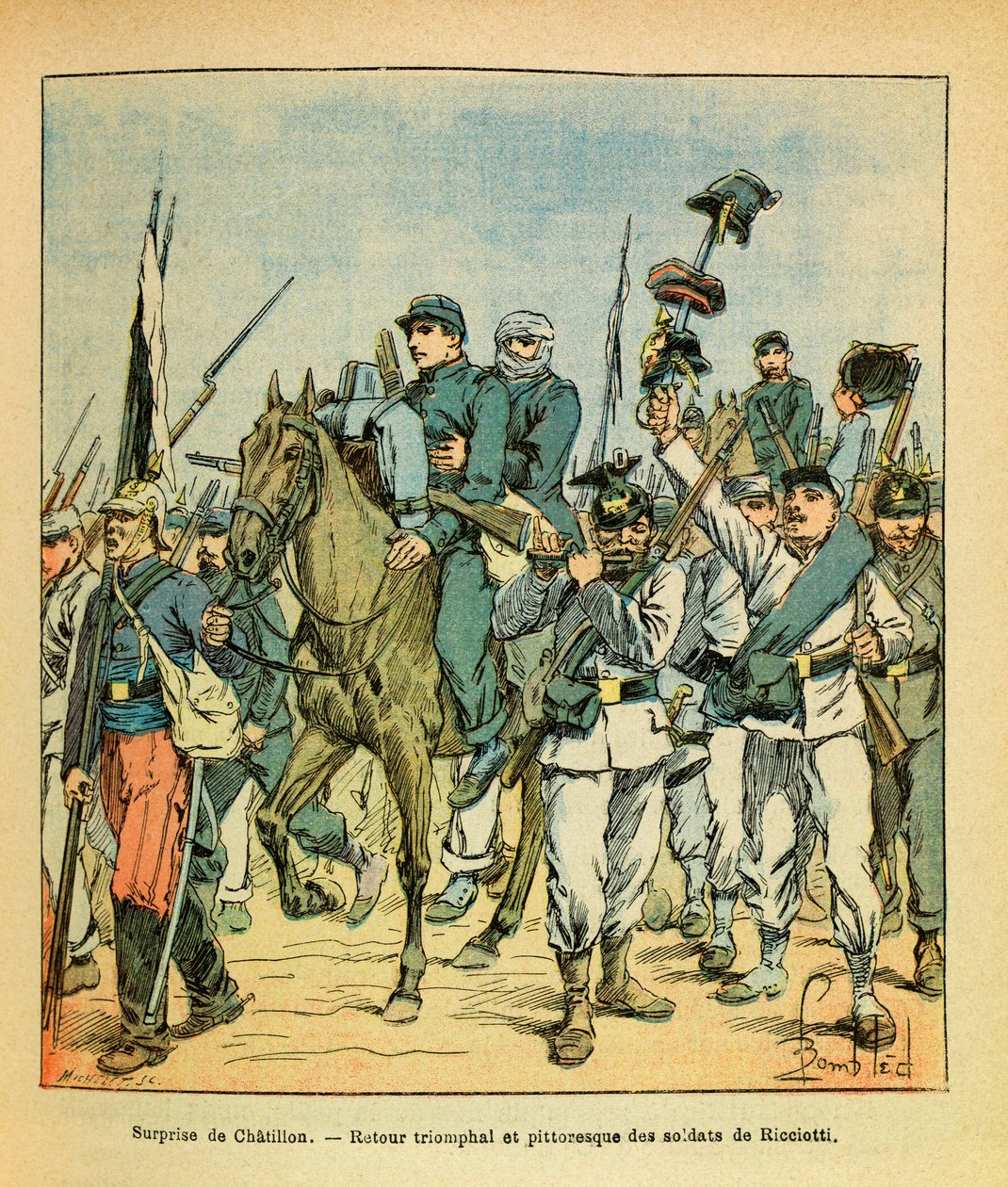 The Eastern Armee of Eugene Sergeant, dit Grenest, illustrert av Louis Bombled (1862-1927) (fransk-tyske krig; kampanje 1870-1871): Ricciottis tropper under slaget ved Chatillon sur Seine i november 1870, privat samling av Louis Charles Bombled