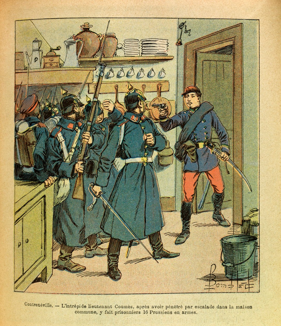 The Eastern Armee of Eugene Sergeant, dit Grenest, illustrert av Louis Bombled (1862-1927) (fransk-tyske krig; kampanje 1870-1871): I Contrexeville tok den uforferdede løytnant Coumes etter å ha klatret inn i felleshuset, 16 prøyssere til fanger. i en av Louis Charles Bombled