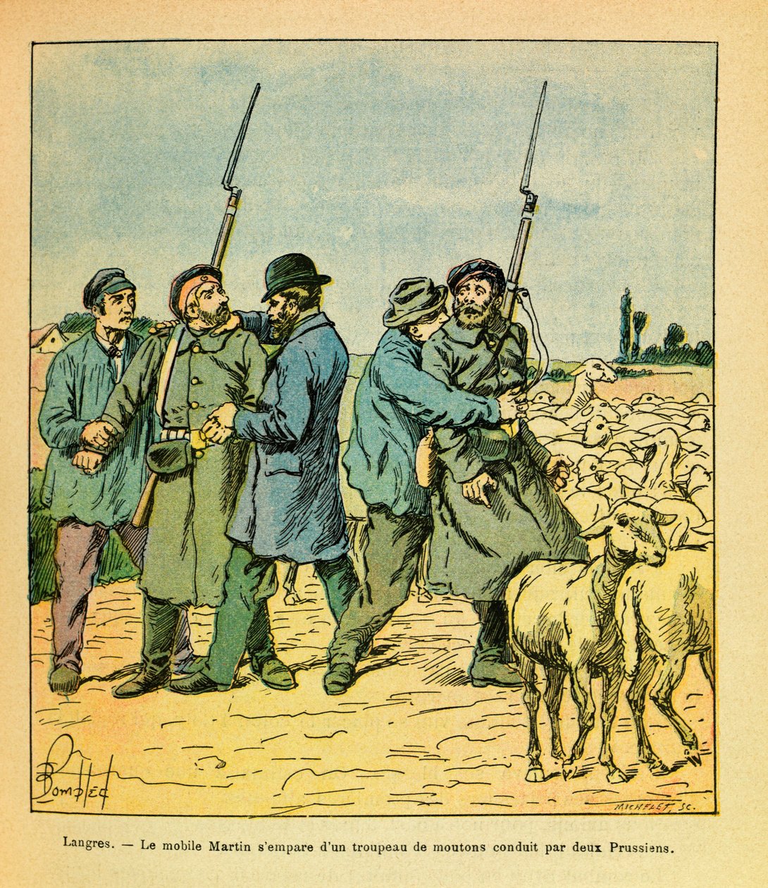 The Eastern Armee of Eugene Sergeant, dit Grenest, illustrert av Louis Bombled (1862-1927) (fransk-tyske krig; kampanje 1870 -1871): Martin-mobilen, forkledd som en bonde, grep en saueflokk ledet av to prøyssere til Langres i november 1870, Priv av Louis Charles Bombled