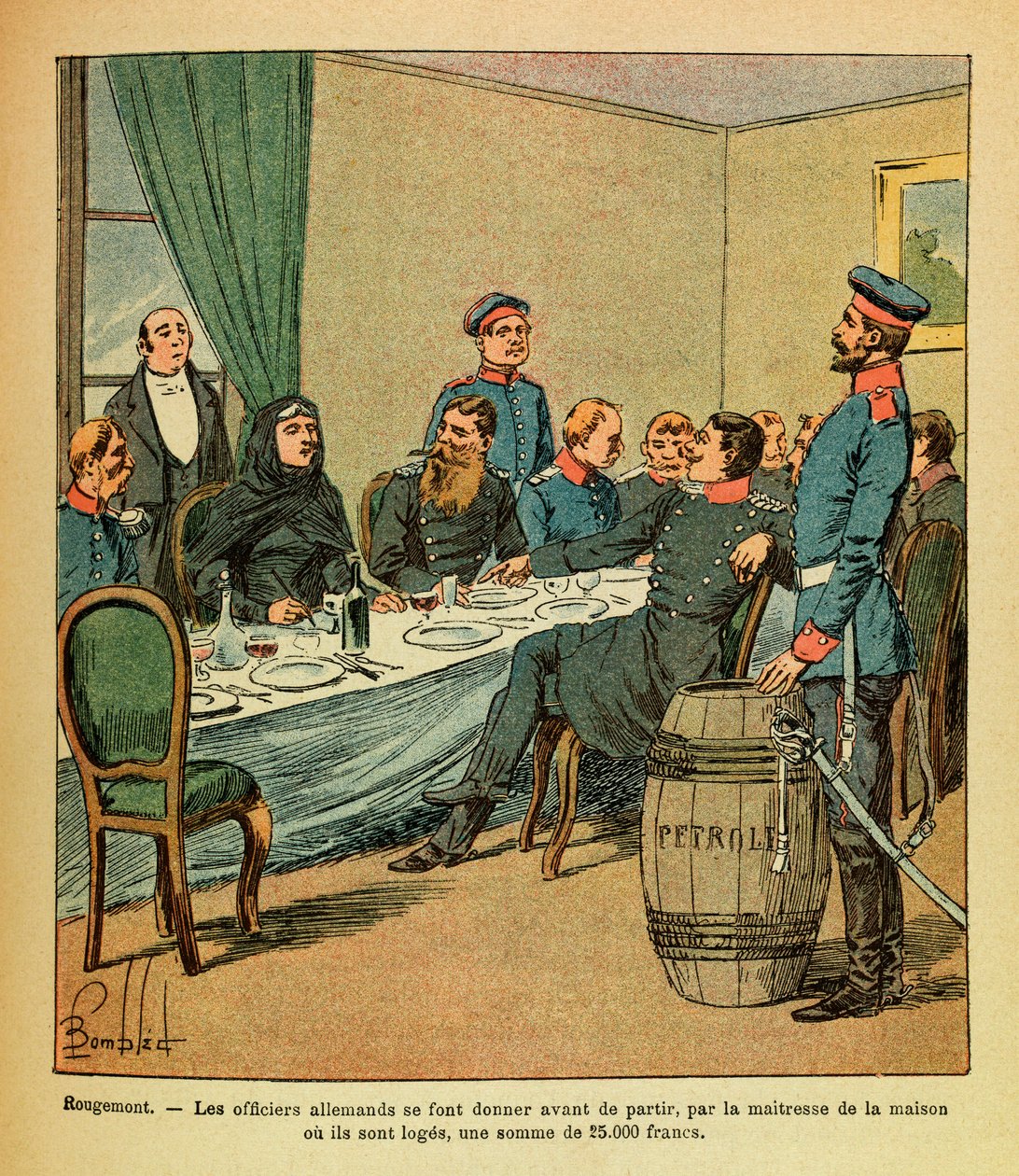 The Eastern Armee of Eugene Sergeant, dit Grenest, illustrert av Louis Bombled (1862-1927) (fransk-tyske krig; kampanje 1870 -1871): I Rougemont ble de tyske offiserene gitt før de dro, av elskerinnen i huset der de er loger, en sum av Louis Charles Bombled