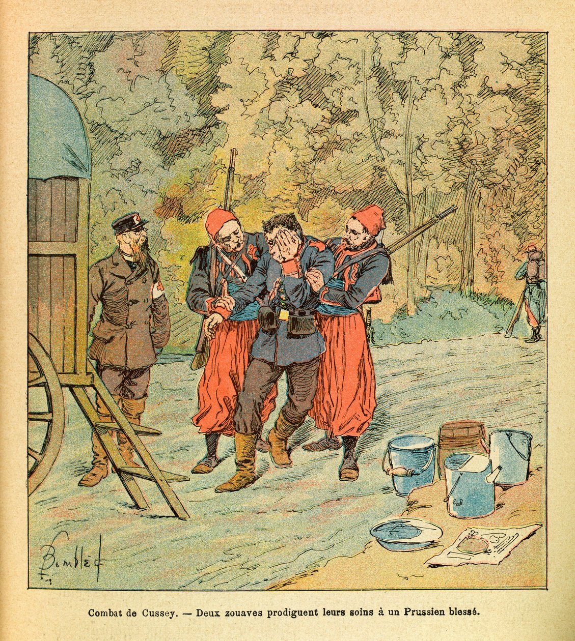 The Eastern Armee of Eugene Sergeant, dit Grenest, illustrert av Louis Bombled (1862-1927) (fransk-tyske krig; kampanje 1870 -1871): Slaget ved Cussey, oktober 1870, to zouaver gir omsorg til en såret prøysser, samling delvis av Louis Charles Bombled