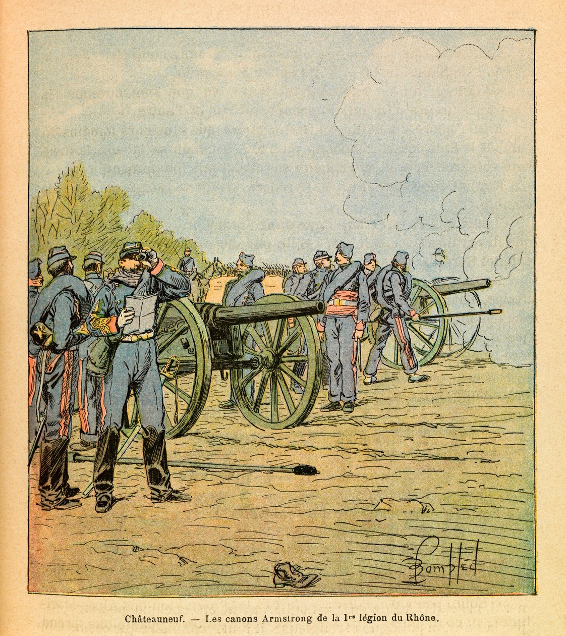 The Eastern Armee of Eugene Sergeant, dit Grenest, illustrert av Louis Bombled (1862-1927) (fransk-tyske krig; kampanje 1870 -1871): Foran Chateauneuf, Armstrong-kanonene til First Legion of the Rhone i desember 1870 , Privat samling av Louis Charles Bombled