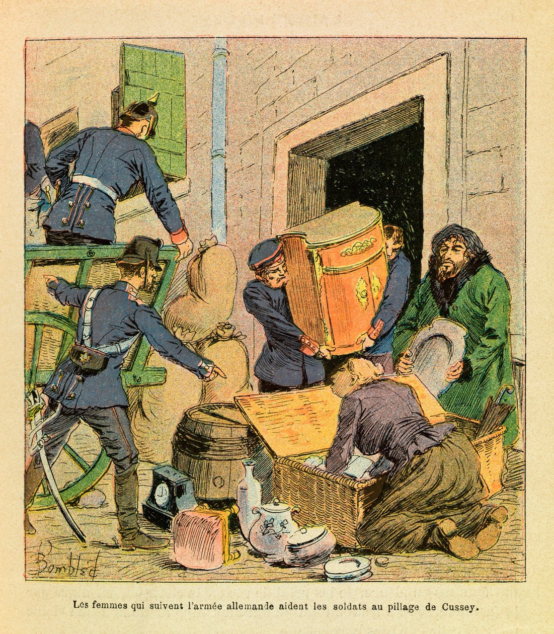 The Eastern Armee of Eugene Sergeant, dit Grenest, illustrert av Louis Bombled (1862-1927) (fransk-tyske krig; kampanje 1870-1871): Kvinnene som fulgte den tyske hæren hjalp soldatene med å plyndre byen Cussey etter den ble tatt i oktober 187 av Louis Charles Bombled