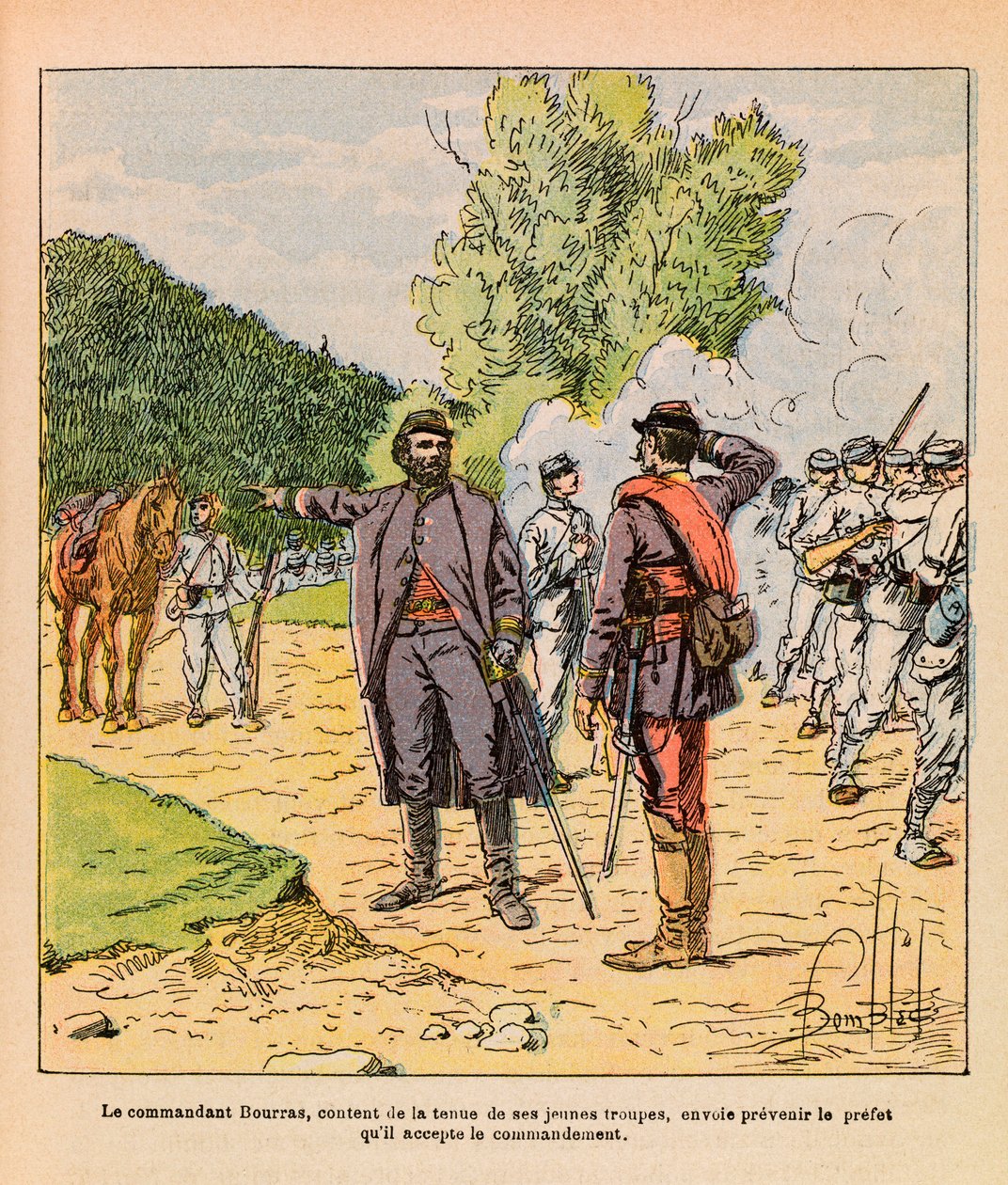 The Eastern Armee of Eugene Sergeant, dit Grenest, illustrert av Louis Bombled (1862-1927) (fransk-tyske krig; kampanje 1870-1871): Oberst Bourras under Brouvelieure-kampene i oktober 1870, privat samling av Louis Charles Bombled