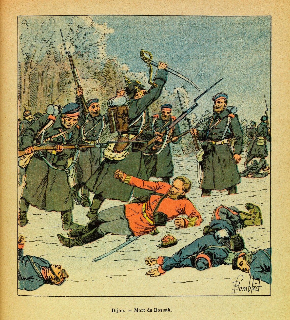 The Eastern Armee of Eugene Sergeant, dit Grenest, illustrert av Louis Bombled (1862-1927) (fransk-tyske krig; kampanje 1870-1871): General Bossak-Haukes død på stedet kjent som "La Cap" av Louis Charles Bombled