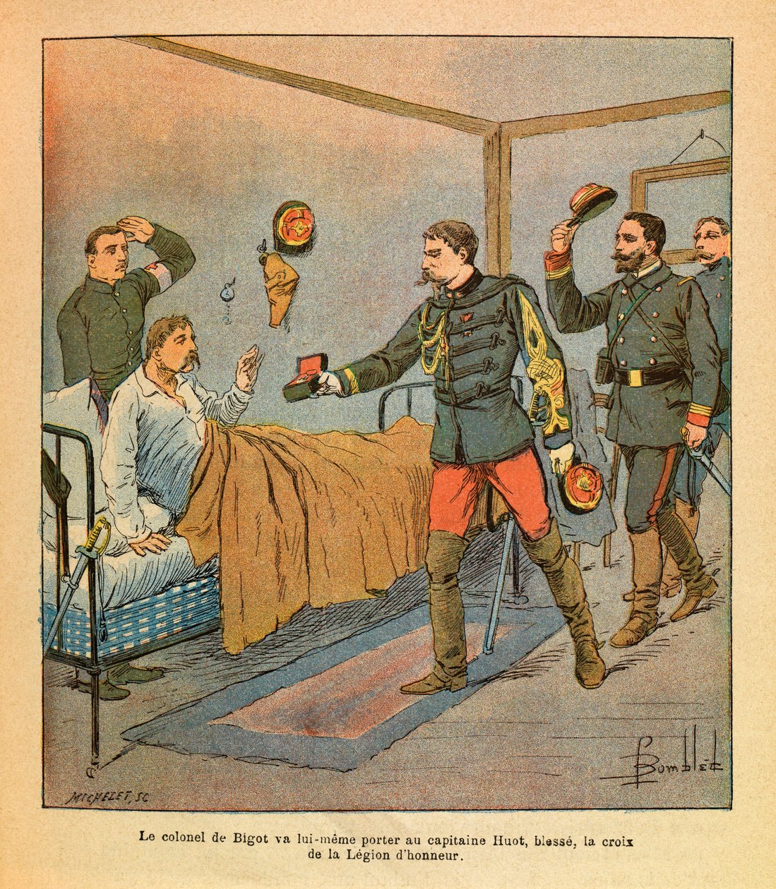 The Eastern Armee of Eugene Sergeant, dit Grenest, illustrert av Louis Bombled (1862-1927) (fransk-tyske krig; kampanje 1870-1871): Oberst De Bigot brakte selv til kaptein Huot korset til Æreslegionen etter kampene av Voujeaucourt i av Louis Charles Bombled