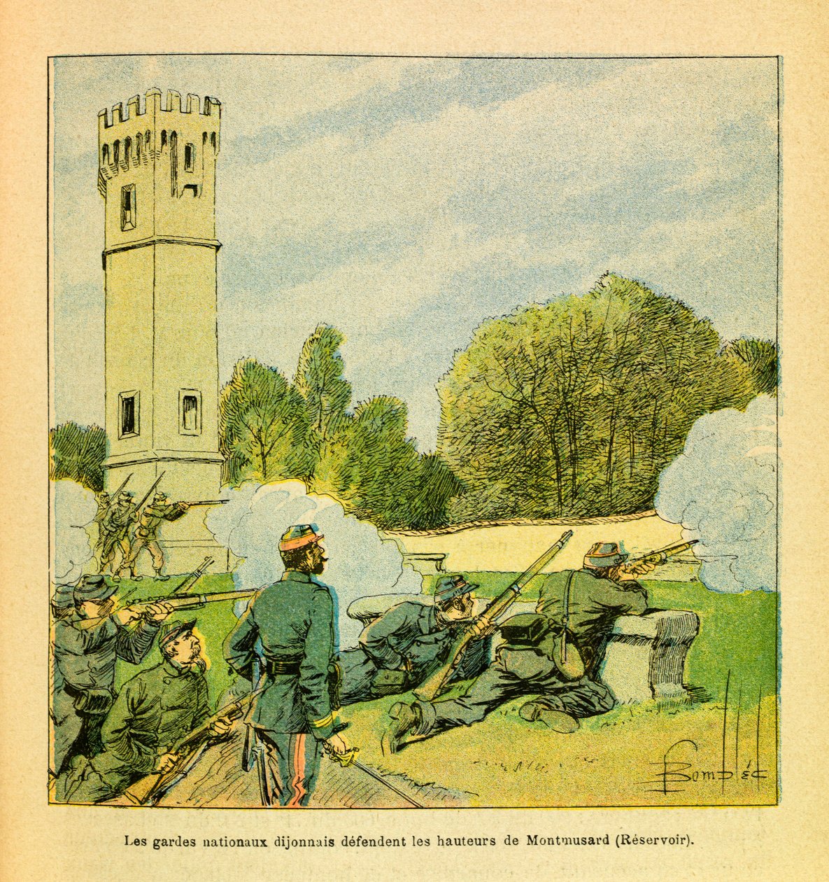 The Eastern Armee of Eugene Sergeant, dit Grenest, illustrert av Louis Bombled (1862-1927) (fransk-tyske krig; kampanje 1870 -1871): Forsvar av Dijon i oktober 1870, Dijonnais nasjonalgarde forsvarer Montmusards høyder, menig Samling av Louis Charles Bombled