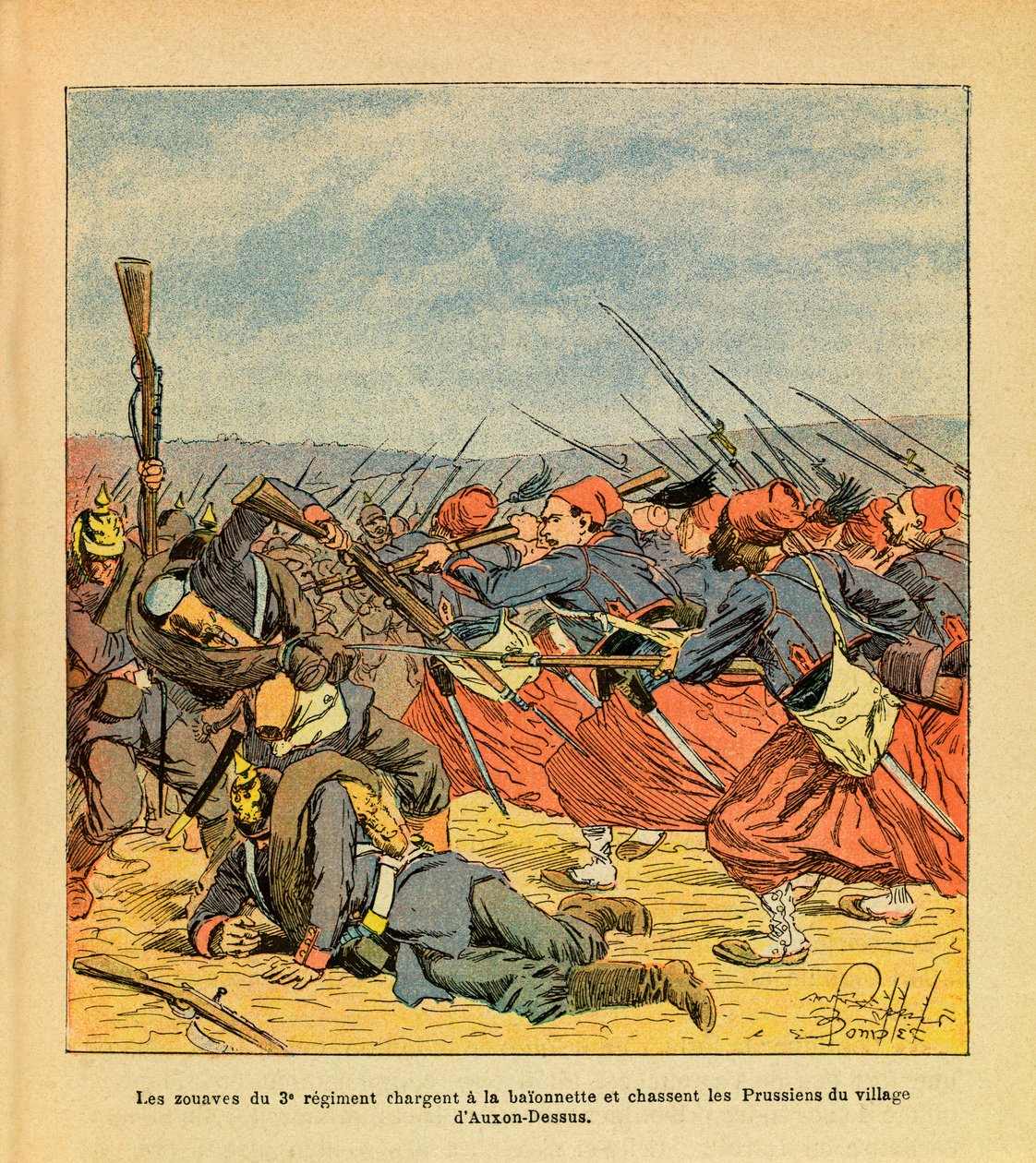 The Eastern Armee of Eugene Sergeant, dit Grenest, illustrert av Louis Bombled (1862-1927) (fransk-tyske krig; kampanje 1870-1871): Zouavene fra 3. regiment angriper en baionette og driver ut prøysserne fra landsbyen Auxon-Dessus under t av Louis Charles Bombled