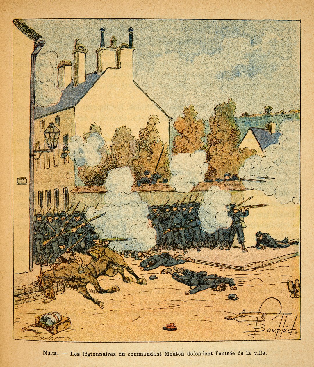 The Eastern Armee of Eugene Sergeant, kjent som Grenest, illustrert av Louis Bombled (1862-1927) (fransk-tyske krig; kampanje 1870 -1871): Battle of Nights Saint Georges, legionærene til kommandør Mouton forsvarer inngangen til byen , Private Colle av Louis Charles Bombled
