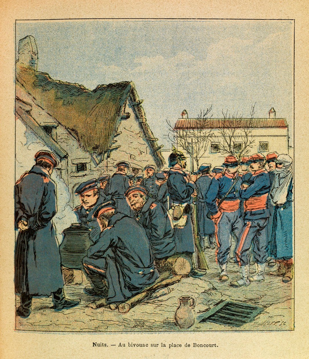 The Eastern Armee of Eugene Sergeant, kjent som Grenest, illustrert av Louis Bombled (1862-1927) (fransk-tyske krig; kampanje 1870 -1871): Battle of Nights Saint Georges, tysk bivuakk på Place de Boncourt med franske fanger, Privat samling av Louis Charles Bombled