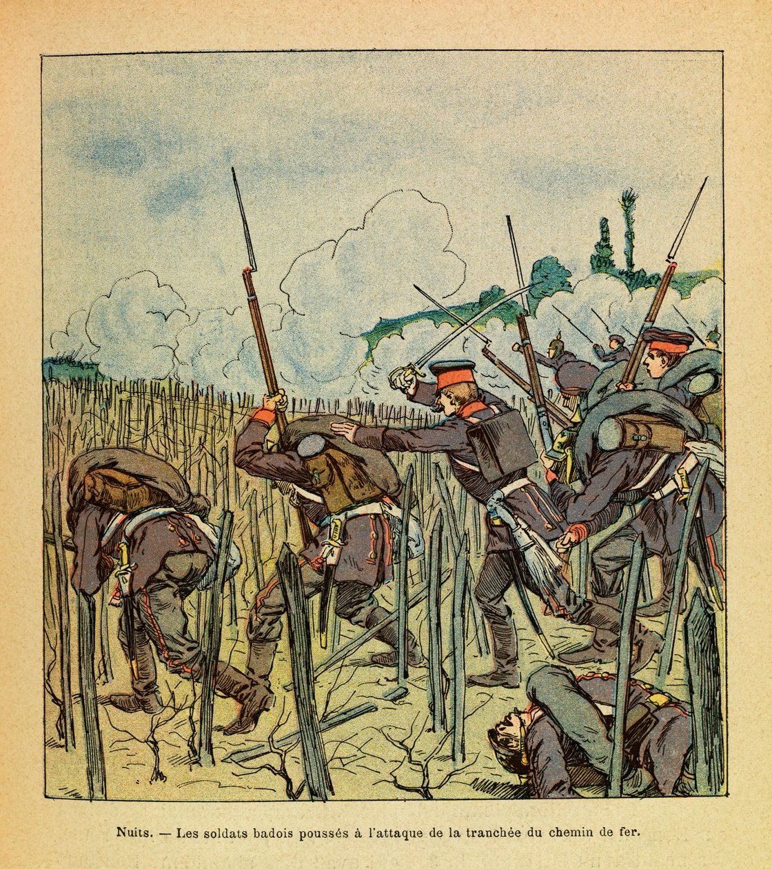 The Eastern Armee of Eugene Sergeant, kjent som Grenest, illustrert av Louis Bombled (1862-1927) (fransk-tyske krig; kampanje 1870 -1871): Battle of Nights Saint Georges; Badois-soldater angrep delen av jernbanen i desember 1870, menig Coll av Louis Charles Bombled