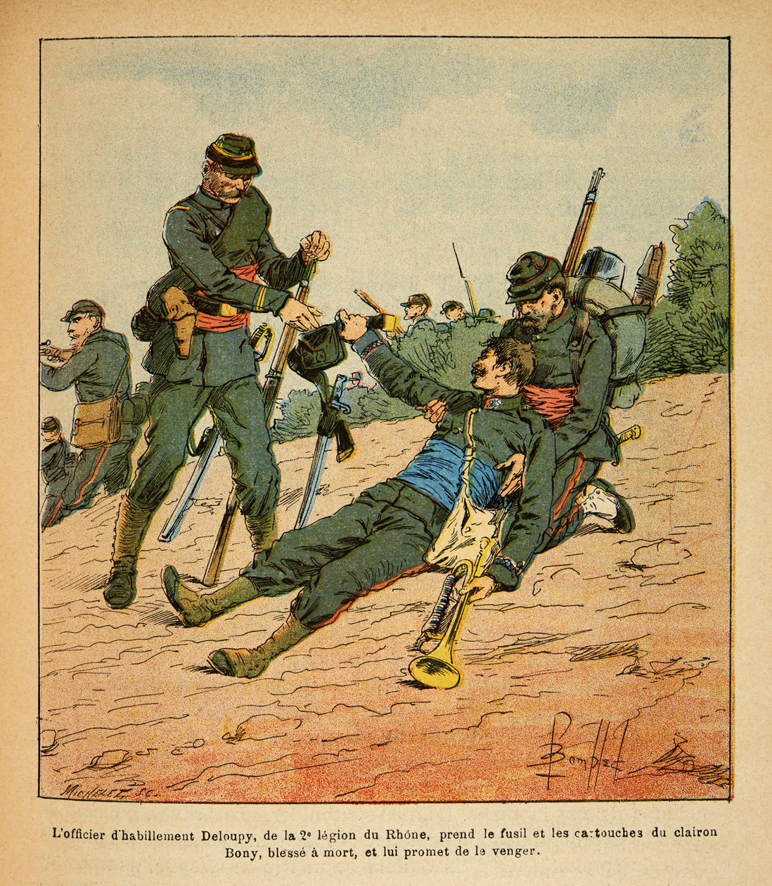 The Eastern Armee of Eugene Sergeant, kjent som Grenest, illustrert av Louis Bombled (1862-1927) (fransk-tyske krig; kampanje 1870 -1871): Slaget ved Nuits Saint Georges, klesoffiseren Deloupy fra 2nd Legion of the Rhone tar riflen og av Louis Charles Bombled