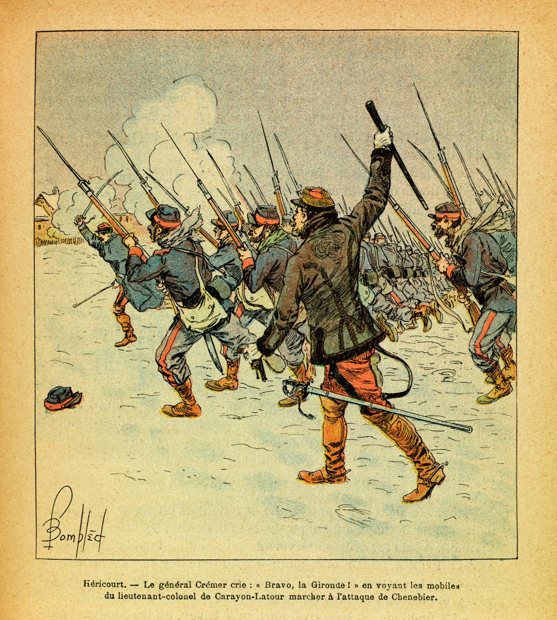 The Eastern Armee of Eugene Sergeant, kjent som Grenest, illustrert av Louis Bombled (1862-1927) (fransk-tyske krig; kampanje 1870 -1871): Januar 1871, Hericourt, roper general Cremer "Bravo, La Gironde" når han ser motivene til oberstløytnant av Louis Charles Bombled