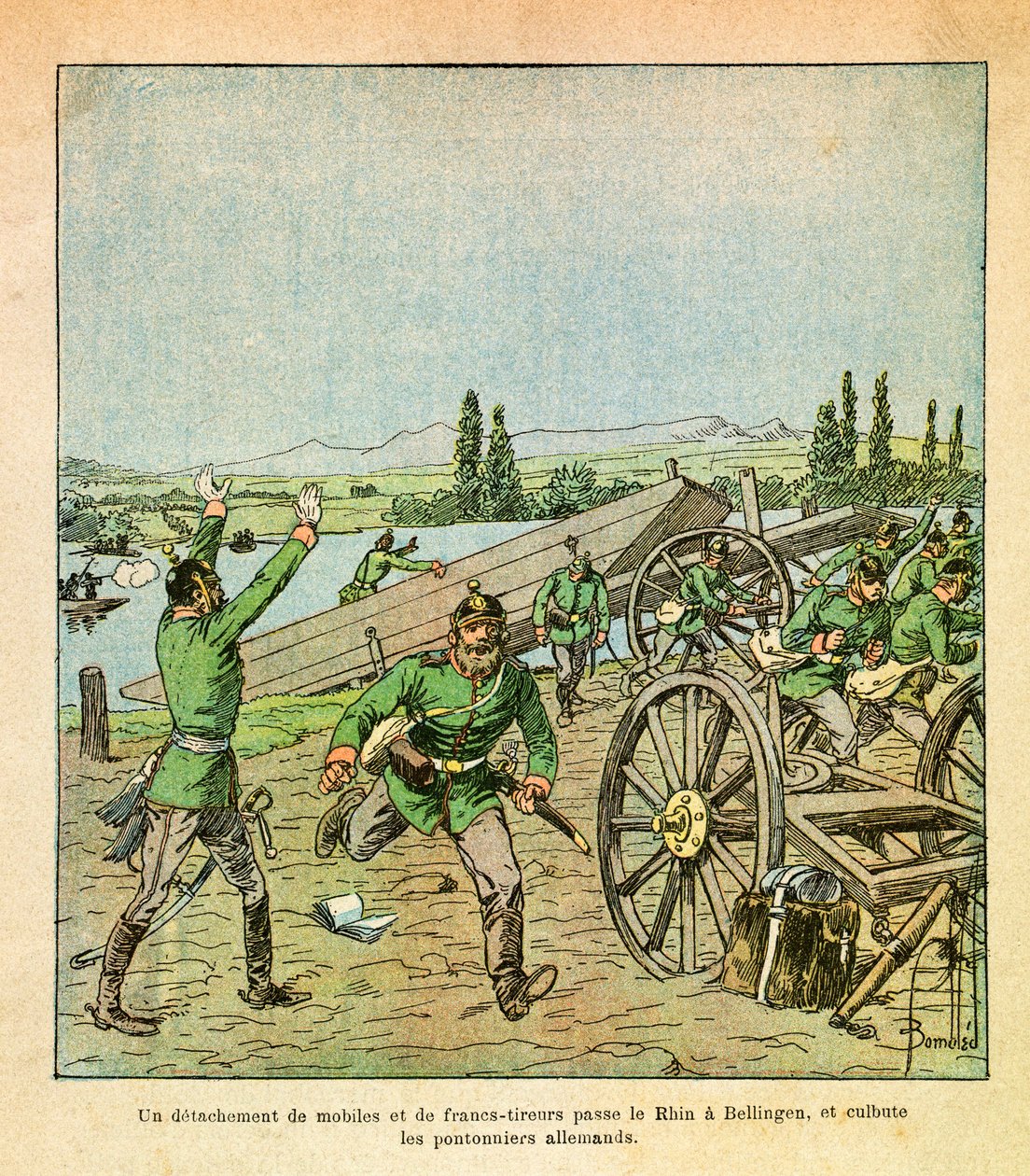 The Eastern Armee of Eugene Sergeant, kjent som Grenest, illustrert av Louis Bombled (1862-1927) (fransk-tyske krig; kampanje 1870-1871): En avdeling av franske motiver og snikskyttere krysset Rhinen og rystet de tyske broarbeiderne, Private Collecti av Louis Charles Bombled