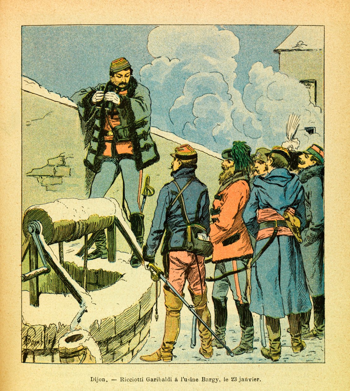 The Eastern Armee of Eugene Sergeant, kjent som Grenest, illustrert av Louis Bombled (1862-1927) (fransk-tyske krig; kampanje 1870-1871): Dijon, Ricciotti Garibaldi ved Bargy-fabrikken 23. januar av Louis Charles Bombled