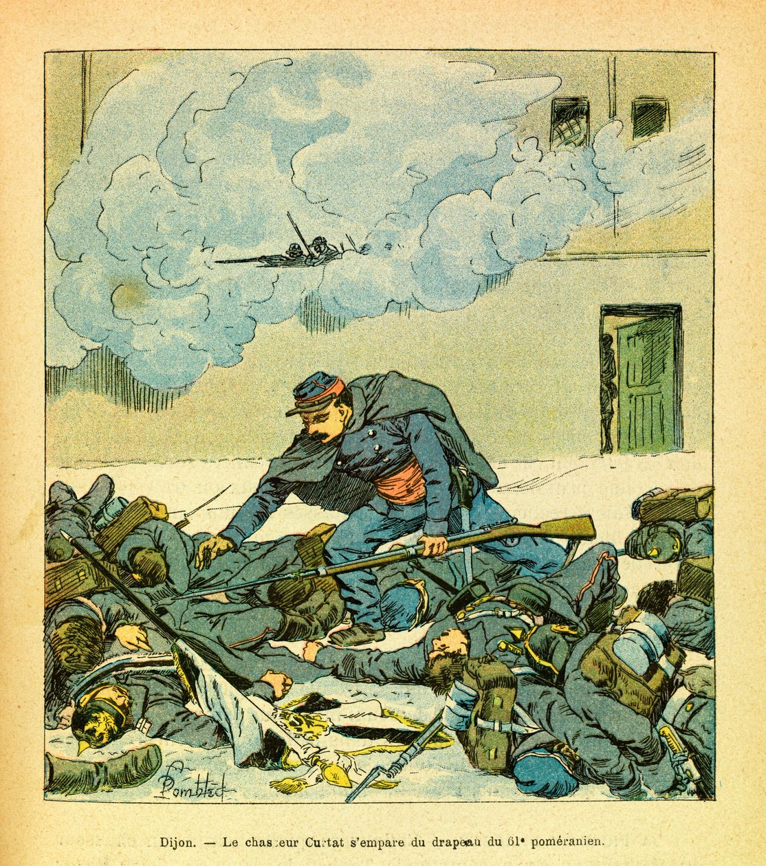 The Eastern Armee of Eugene Sergeant, kjent som Grenest, illustrert av Louis Bombled (1862-1927) (fransk-tyske krig; kampanje 1870 -1871): Dijon, januar 1871, tok jegeren Victor Curtat flagget til 61 pommerske, menige Samling av Louis Charles Bombled