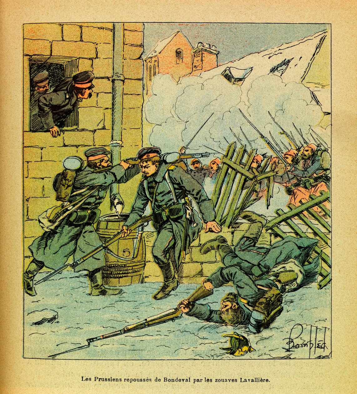 The Eastern Armee of Eugene Sergeant, kjent som Grenest, illustrert av Louis Bombled (1862-1927) (fransk-tyske krig; kampanje 1870 -1871): januar 1871 ble prøysserne presset tilbake fra landsbyen Bondeval av Zouaves Lavalliere, Privat samling av Louis Charles Bombled