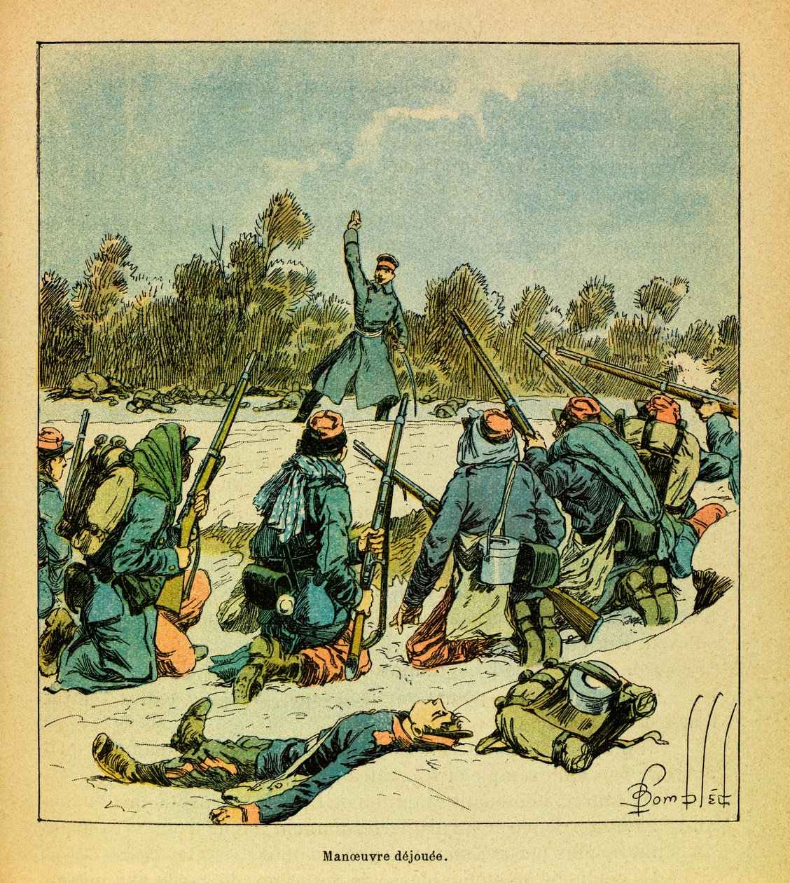 The Eastern Armee of Eugene Sergeant, kjent som Grenest, illustrert av Louis Bombled (1862-1927) (fransk-tyske krig; kampanje 1870 -1871): januar 1871, Hericourt, franskmennene mot prøysserne, privat samling av Louis Charles Bombled