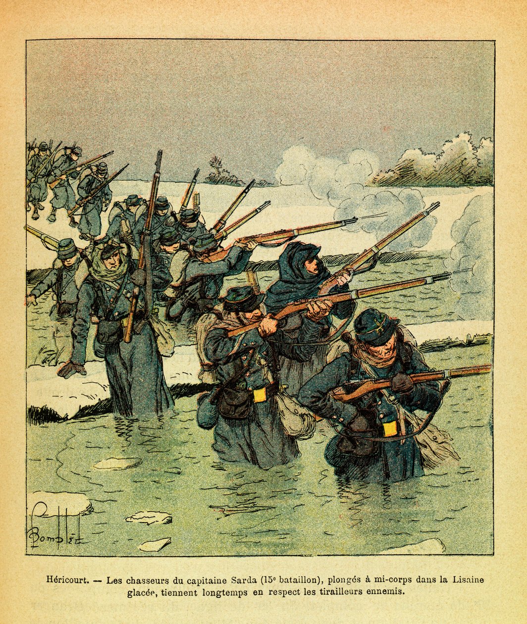 The Eastern Armee of Eugene Sergeant, kjent som Grenest, illustrert av Louis Bombled (1862-1927) (fransk-tyske krig; kampanje 1870 -1871): Januar 1871, Hericourt, jegerne til kaptein Sarda dykker halvkropp i isen Lisaine, hold lenge fiende av Louis Charles Bombled