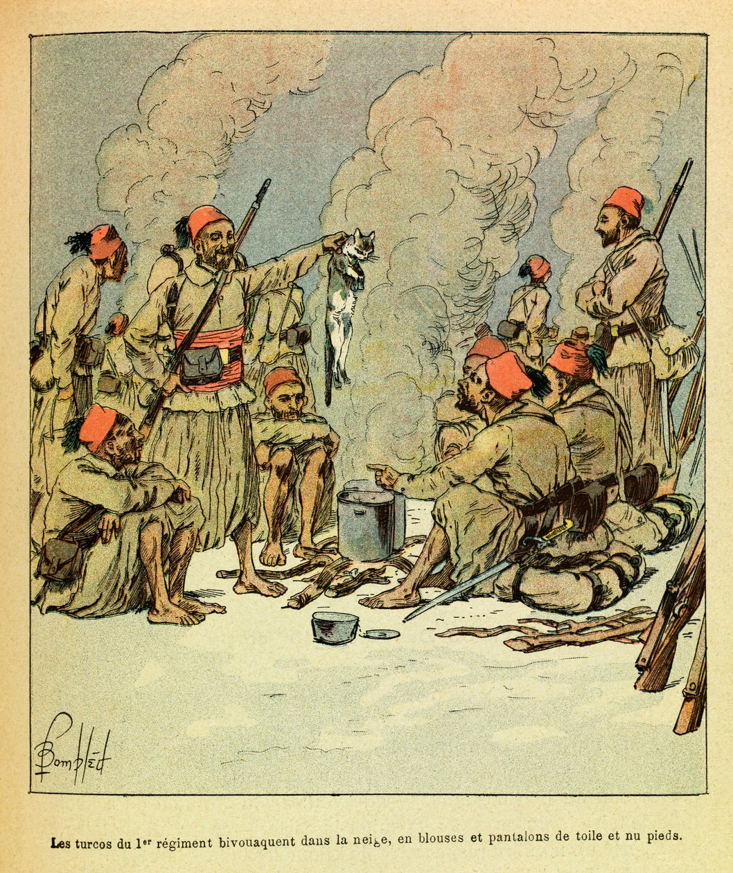 The Eastern Armee of Eugene Sergeant, kjent som Grenest, illustrert av Louis Bombled (1862-1927) (fransk-tyske krig; kampanje 1870 -1871): januar 1871, Turcos fra 1. regiment bivuaent i snøen, i bluser og bukser av lerret og bare fee av Louis Charles Bombled