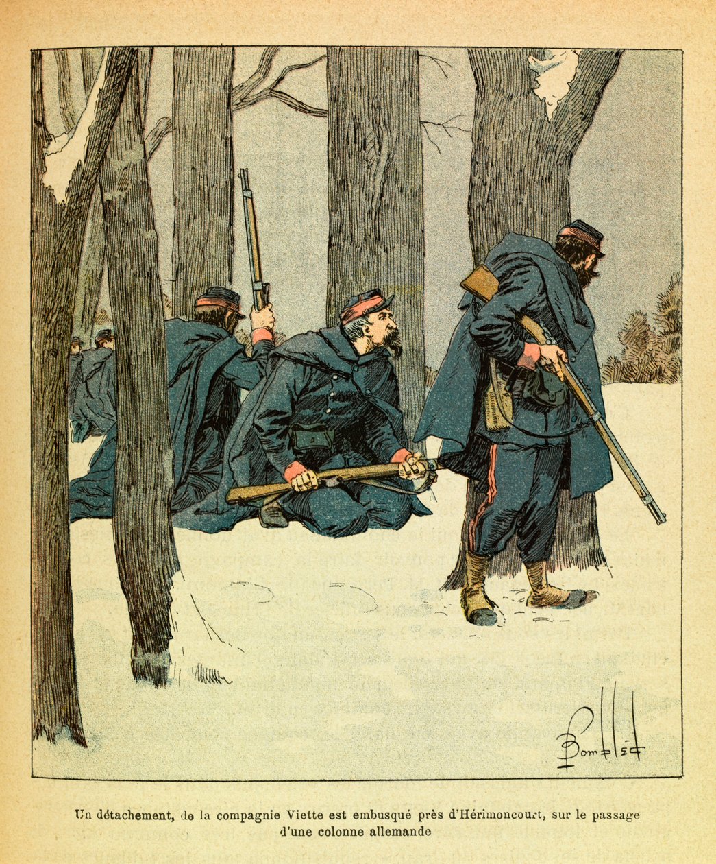 The Eastern Armee of Eugene Sergeant, kjent som Grenest, illustrert av Louis Bombled (1862-1927) (fransk-tyske krig; kampanje 1870 -1871): Januar 1871 ble en avdeling av Viette Company overfalt i bakhold nær Herimoncourt, på passasjen av en tysk spalte av Louis Charles Bombled