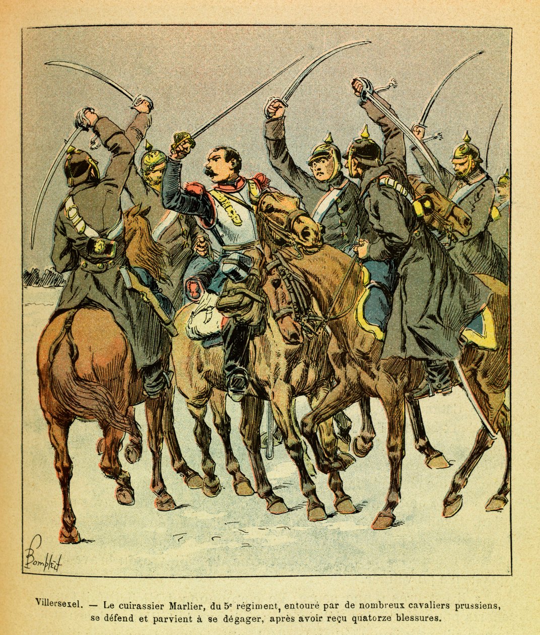 The Eastern Armee of Eugene Sergeant, kjent som Grenest, illustrert av Louis Bombled (1862-1927) (fransk-tyske krig; kampanje 1870 -1871): Under slaget ved Villersexel, slagskipet Marlier fra det 5. regimentet omringet av prøysserne , fikk til av Louis Charles Bombled