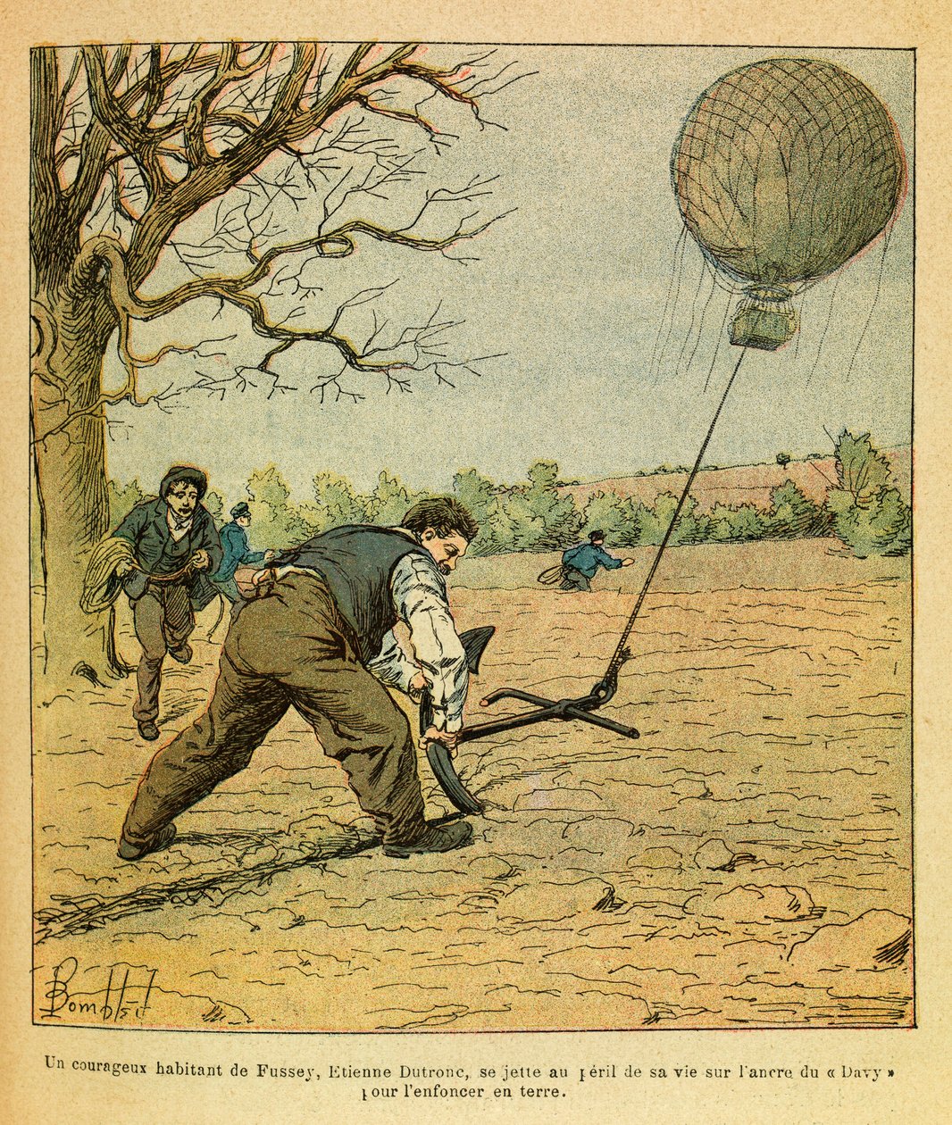 The Eastern Armee of Eugene Sergeant, kjent som Grenest, illustrert av Louis Bombled (1862-1927) (fransk-tyske krig; kampanje 1870 -1871): Battle of Nights Saint Georges; bønder prøver å holde en observasjonsballong, privat samling av Louis Charles Bombled
