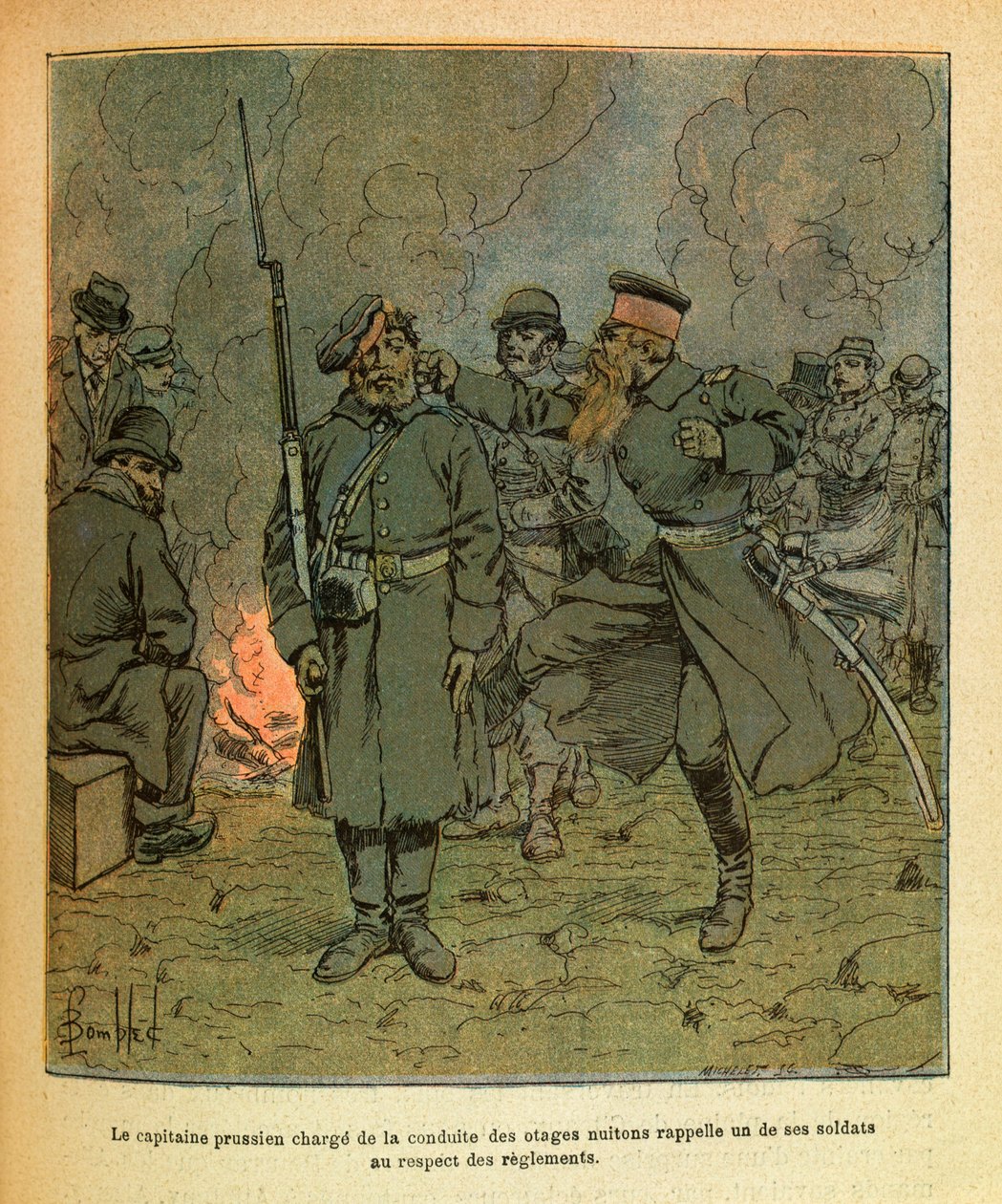 The Eastern Armee of Eugene Sergeant, kjent som Grenest, illustrert av Louis Bombled (1862-1927) (fransk-tyske krig; kampanje 1870-1871): En prøyssisk kaptein med ansvar for oppførselen til gislene til Nuits Saint Georges minner om en av hans soldater i ca av Louis Charles Bombled