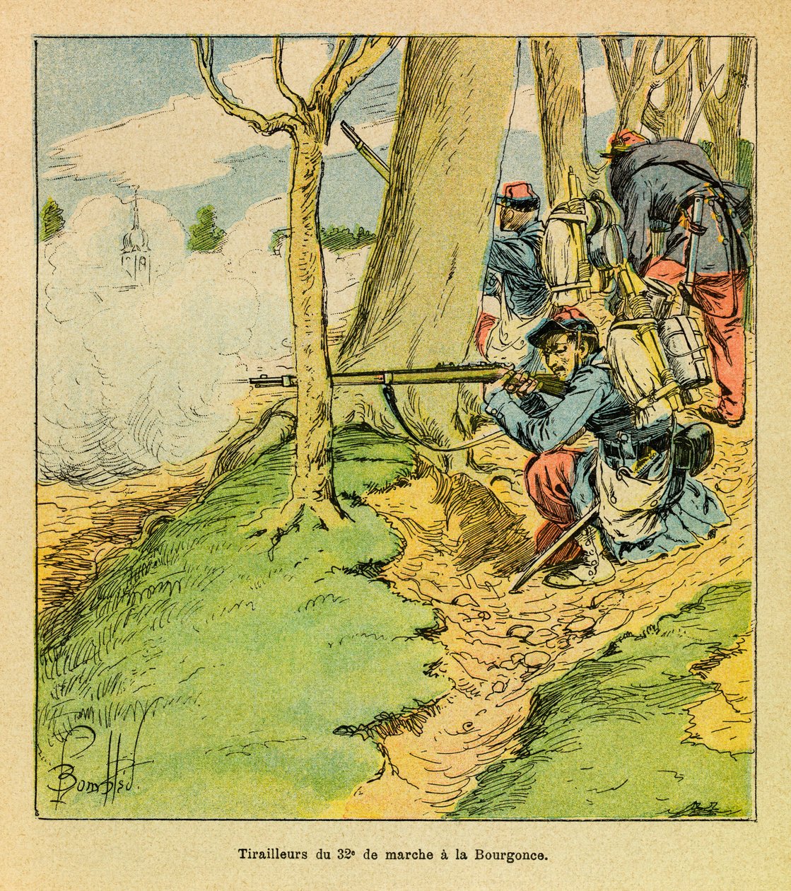 The Eastern Armee of Eugene Sergeant, kjent som Grenest, illustrert av Louis Bombled (1862-1927) (fransk-tyske krig; kampanje 1870-1871): Under ordre fra general Dupre, en skomaker av den 32. mars i slaget ved La Bourgonce i oktober 1870, Priva av Louis Charles Bombled