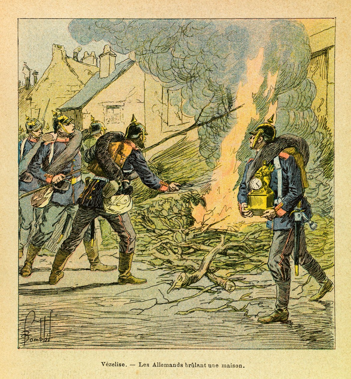 The Eastern Armee of Eugene Sergeant, kjent som Grenest, illustrert av Louis Bombled (1862-1927) (fransk-tyske krig; kampanje 1870-1871): I Vezelise brenner prøysserne et hus, privat samling etter å ha invadert byen. av Louis Charles Bombled
