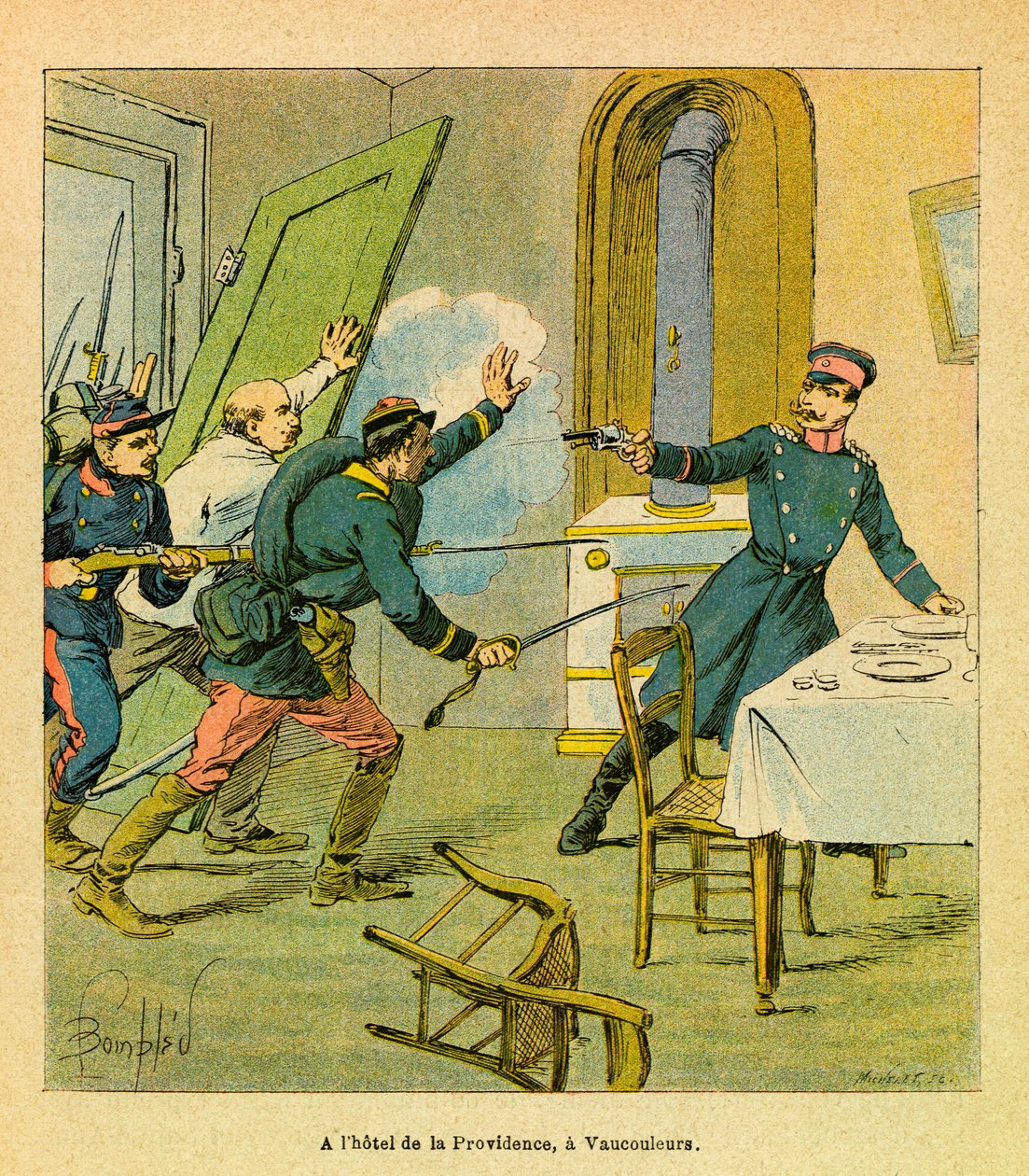The Eastern Armee of Eugene Sergeant, kjent som Grenest, illustrert av Louis Bombled (1862-1927) (fransk-tyske krig; kampanje 1870 -1871): En prøyssisk offiser tatt til fange av franske motiver i Vaucouleurs, privat samling av Louis Charles Bombled