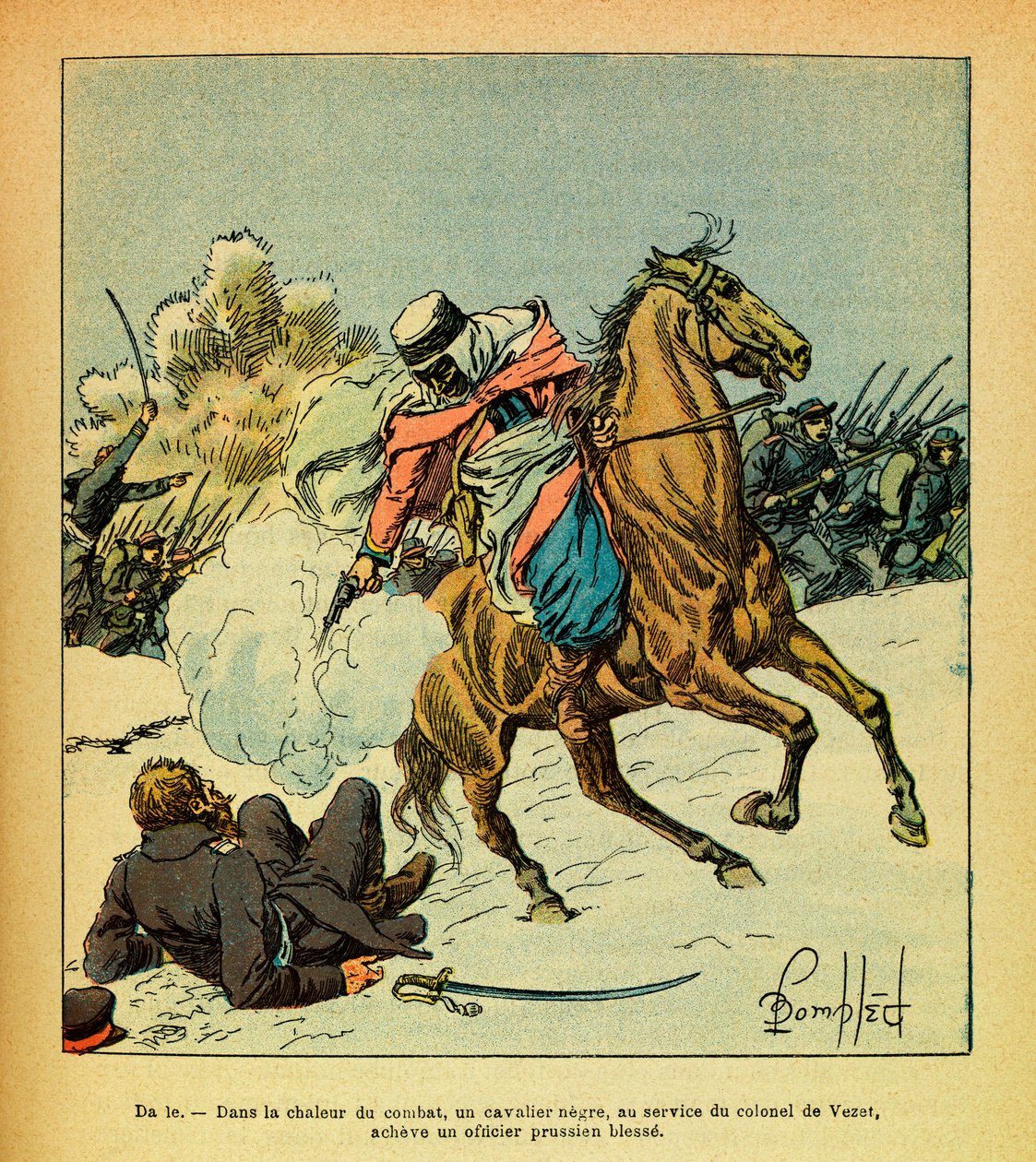 The Eastern Armee of Eugene Sergeant, kjent som Grenest, illustrert av Louis Bombled (1862-1927) (fransk-tyske krig; kampanje 1870 -1871): januar 1871 fullfører en svart rytter i tjenesten til oberst De Vezet en prøyssisk offiser såret, Samling Pa av Louis Charles Bombled
