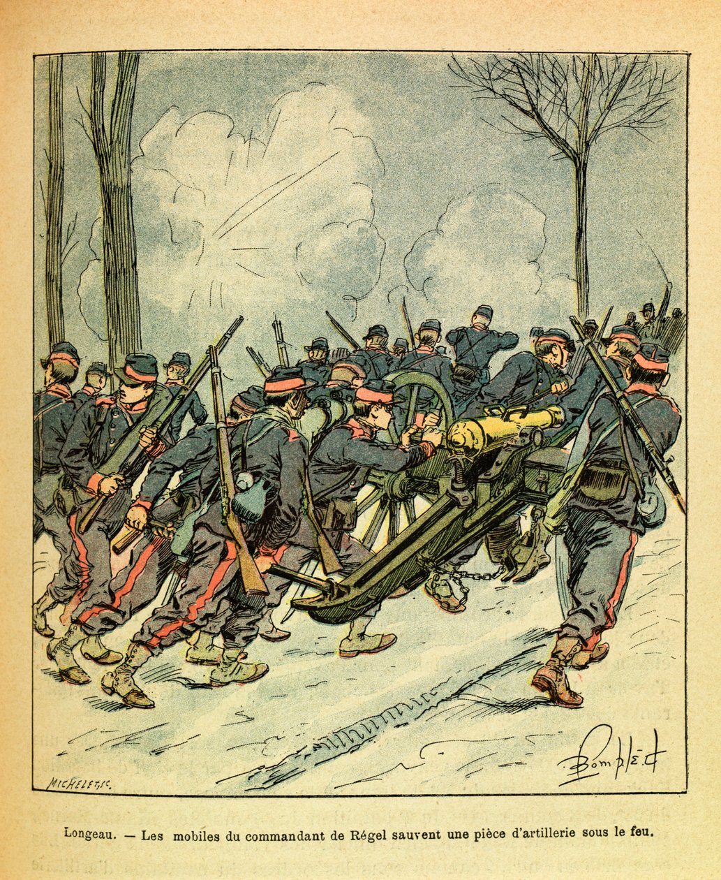 The Eastern Armee of Eugene Sergeant, kjent som Grenest, illustrert av Louis Bombled (1862-1927) (fransk-tyske krig; kampanje 1870-1871): Desember 1870, under slaget ved Longeau, reddet motivene til sjefen for Regel en kanon under fiendtlig gran av Louis Charles Bombled