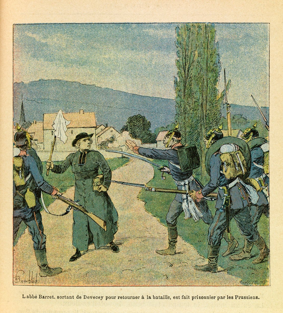 The Eastern Armee of Eugene Sergeant, kjent som Grenest, illustrert av Louis Bombled (1862-1927) (fransk-tyske krig; kampanje 1870-1871): Abbe Barret som forlot Devecey for å slutte seg til franskmennene ble tatt til fange av prøysserne under kampene på Cu av Louis Charles Bombled