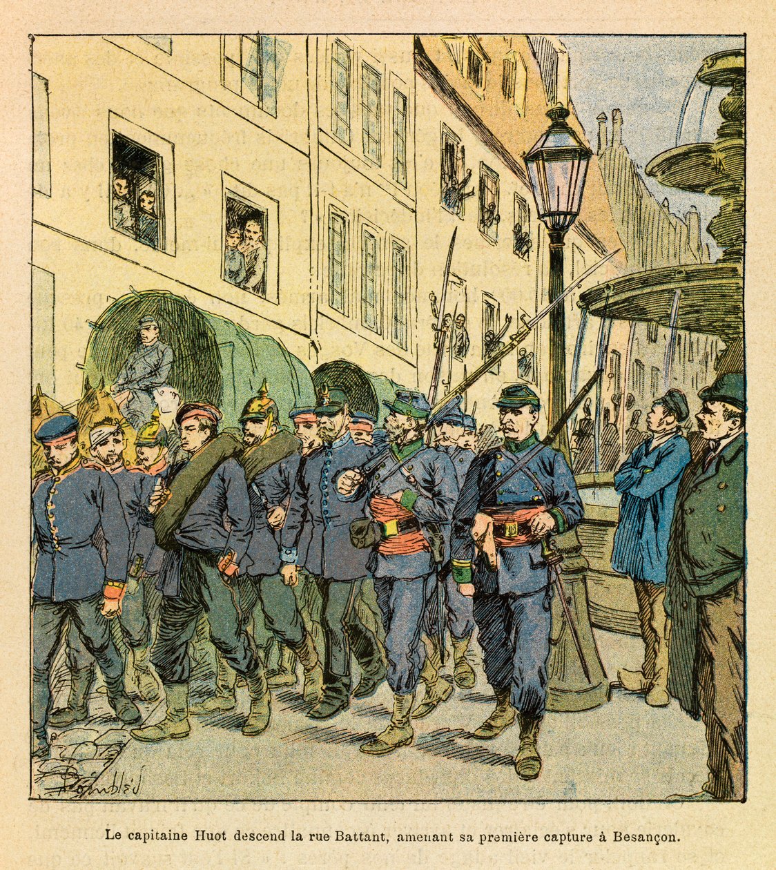 The Eastern Armee of Eugene Sergeant, kjent som Grenest, illustrert av Louis Bombled (1862-1927) (fransk-tyske krig; kampanje 1870-1871): Kaptein Huot går ned Rue Battant i Besancon med prøyssiske fanger tatt til fange i Bethoncourt les Brotte i oktober av Louis Charles Bombled