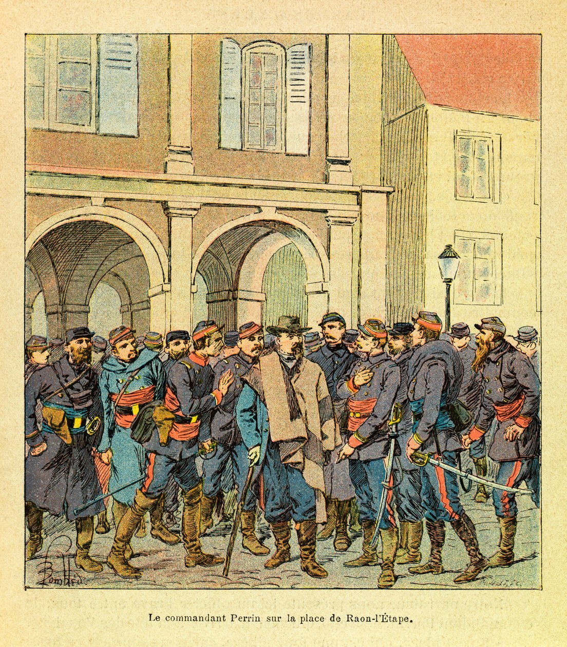 The Eastern Armee of Eugene Sergeant, kjent som Grenest, illustrert av Louis Bombled (1862-1927) (fransk-tyske krig; kampanje 1870 -1871): kommandør Perrin på Place de Raon-l
