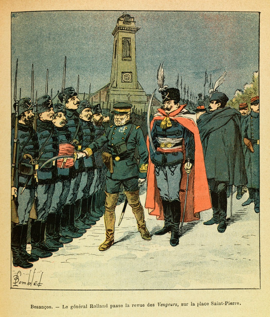 The Eastern Armee of Eugene Sergeant, kjent som Grenest, illustrert av Louis Bombled (1862-1927) (fransk-tyske krig; kampanje 1870-1871): I Besancon gjennomgår general Rolland selskapet "Avengers" på oppdrag fra Malicki, Private Collection av Louis Charles Bombled
