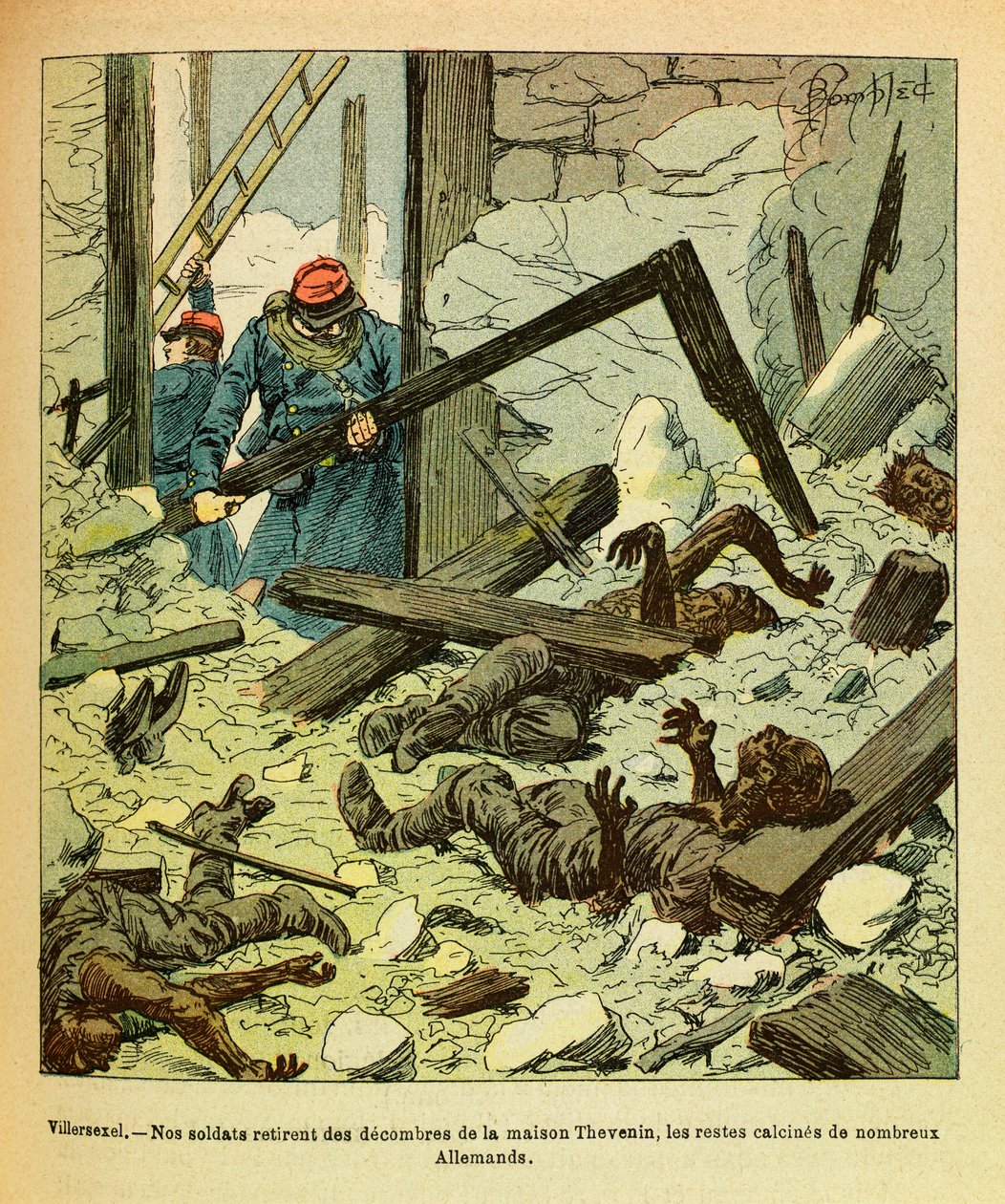 The Eastern Armee of Eugene Sergeant, kjent som Grenest, illustrert av Louis Bombled (1862-1927) (fransk-tyske krig; kampanje 1870 -1871): Januar 1871, slaget ved Villersexel, franske soldater fjerner fra et hus restene av tyske soldater, menig C av Louis Charles Bombled