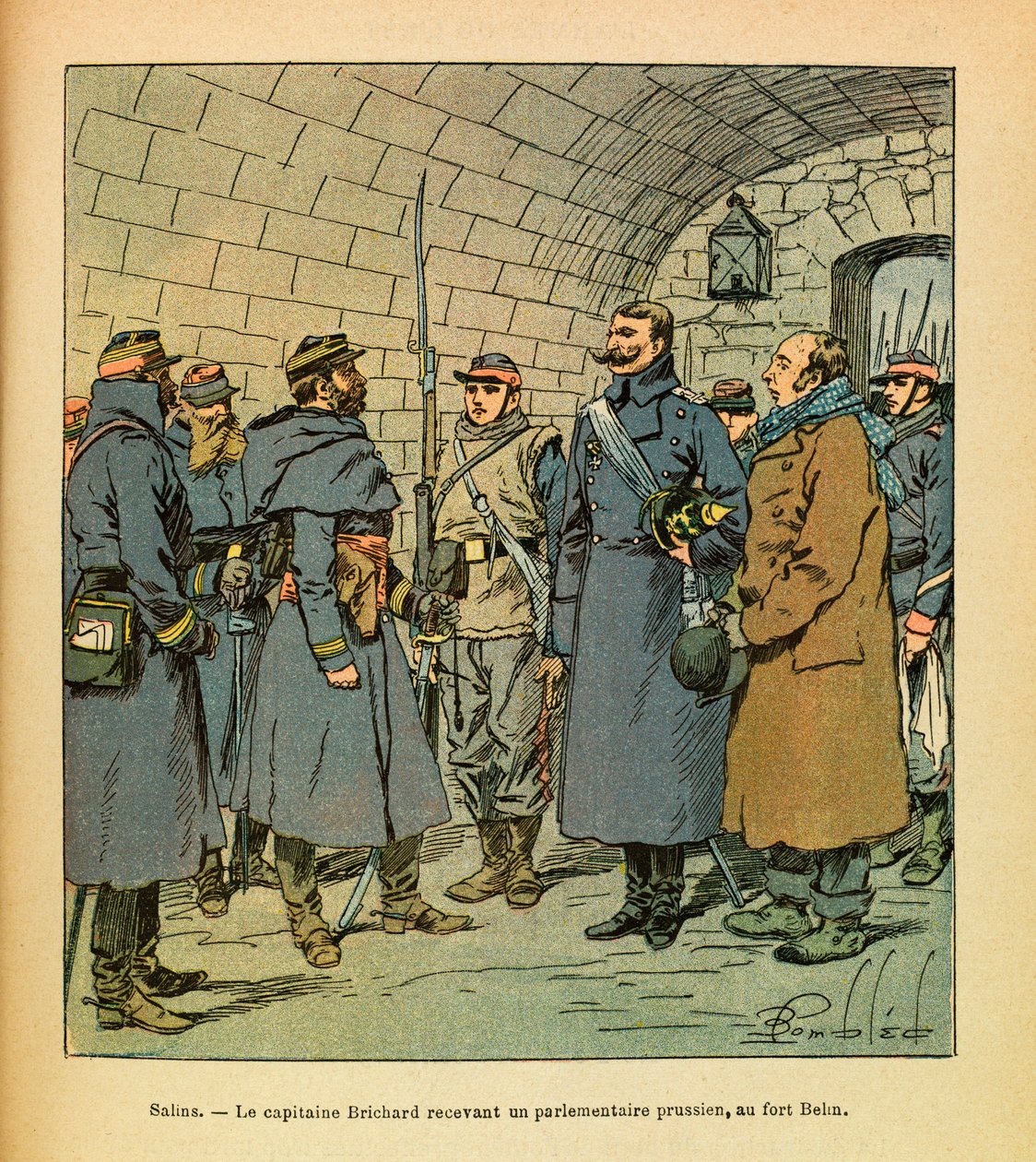 The Eastern Armee of Eugene Sergeant, kjent som Grenest, illustrert av Louis Bombled (1862-1927) (fransk-tyske krig; kampanje 1870-1871): Salins, kaptein Brichard som mottar en prøyssisk parlamentariker ved Fort Belin a Salins les Bains, menig Samling av Louis Charles Bombled