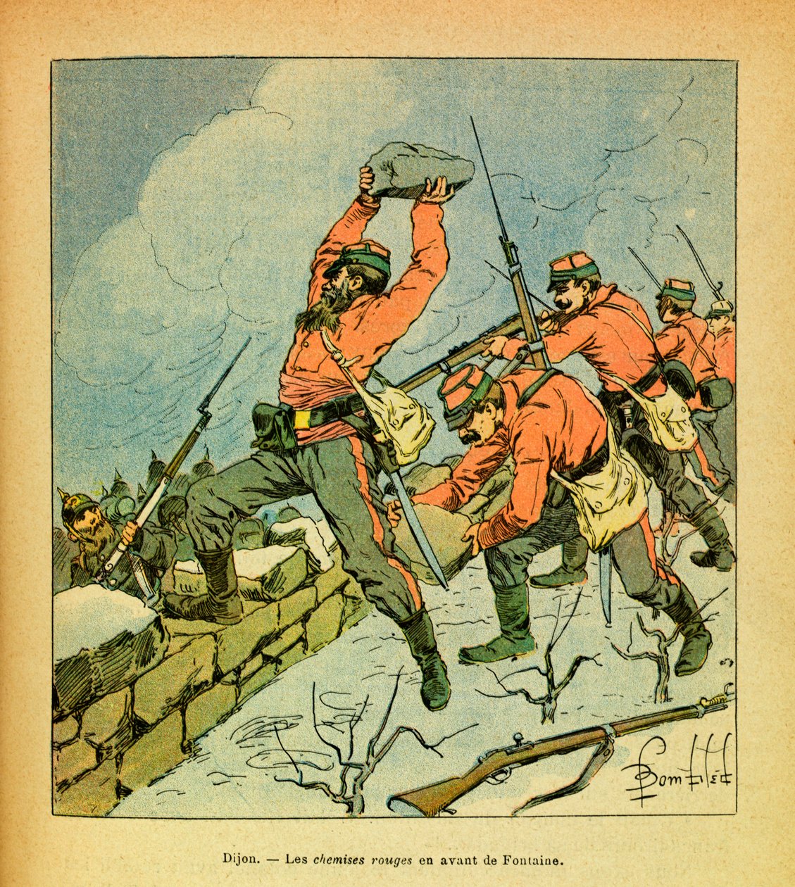 The Eastern Armee of Eugene Sergeant, kjent som Grenest, illustrert av Louis Bombled (1862-1927) (fransk-tyske krig; kampanje 1870-1871): De røde skjortene til garibaldi foran Fontaine under kampene ved Dijon i januar 1871, Privat samling av Louis Charles Bombled