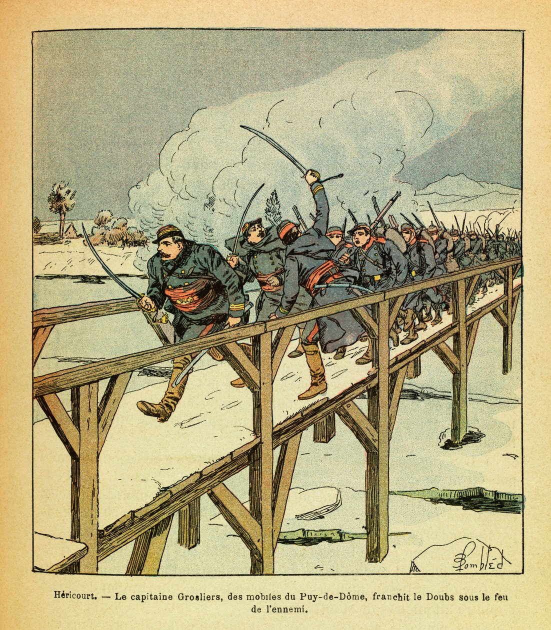 The Eastern Armee of Eugene Sergeant, kjent som Grenest, illustrert av Louis Bombled (1862-1927) (fransk-tyske krig; kampanje 1870 -1871): Januar 1871, Hericourt, kaptein Grosliers og motiver av Puy de Dome krysser Doubs under fiendtlig ild, Privat av Louis Charles Bombled