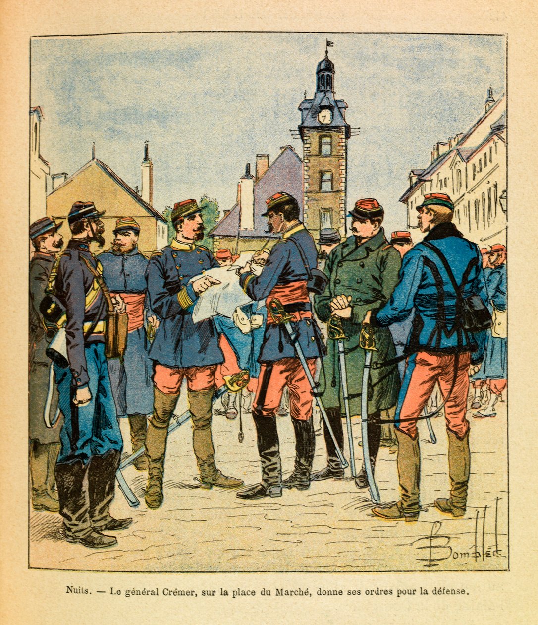 The Eastern Armee of Eugene Sergeant, kjent som Grenest, illustrert av Louis Bombled (1862-1927) (fransk-tyske krig; kampanje 1870 -1871): Slaget ved Nuits Saint Georges; General Cremer på Marche-plassen gir sine ordre om forsvar, desember 1870, Pr av Louis Charles Bombled